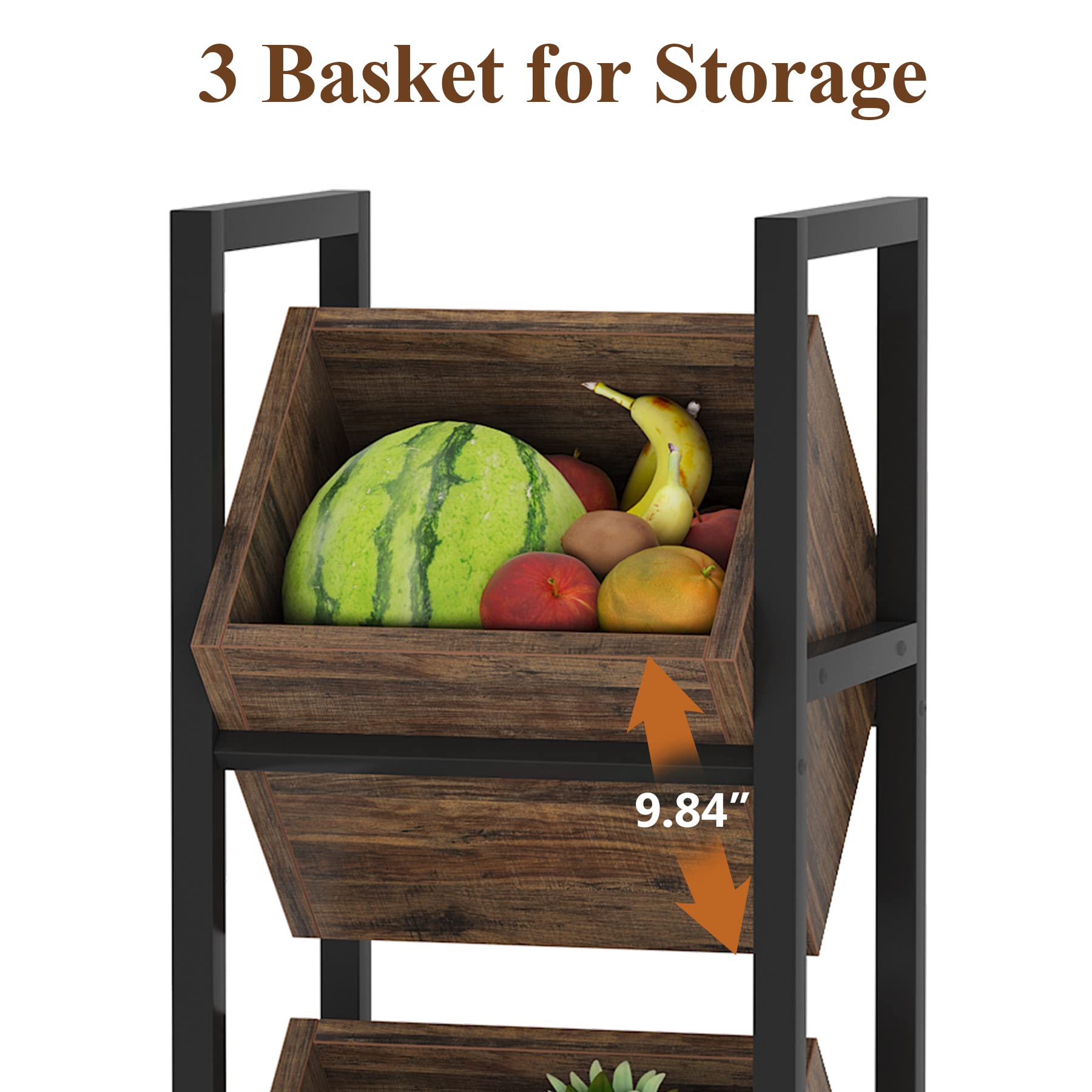Tribesigns 3-Tier Wooden Basket Stand - Rustic Vertical Storage Organizer with Baskets for Kitchen, Bathroom, Living Room - Perfect for Fruit, Snacks, Towels & Home Organization