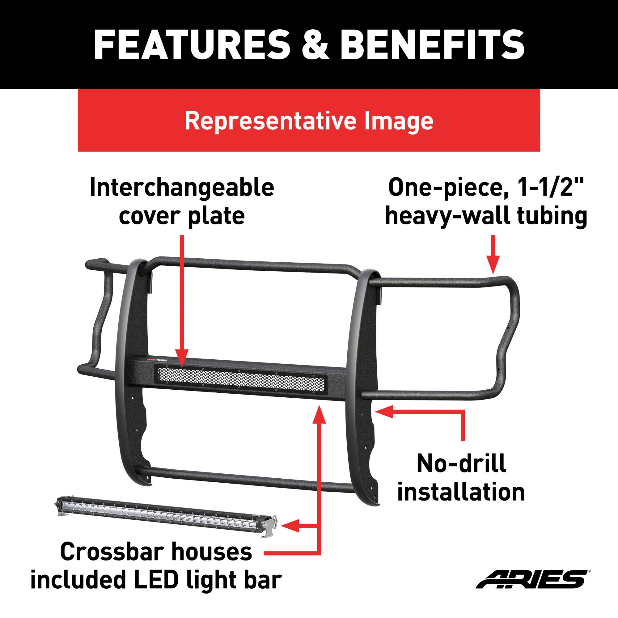 ARIES 2170000 Pro Series Black Steel Grille Guard with LED Light Bar for Jeep Wrangler JK (2007-2018) - Heavy Duty Off-Road Protection & Styling Upgrade for Adventure & Trail Riding