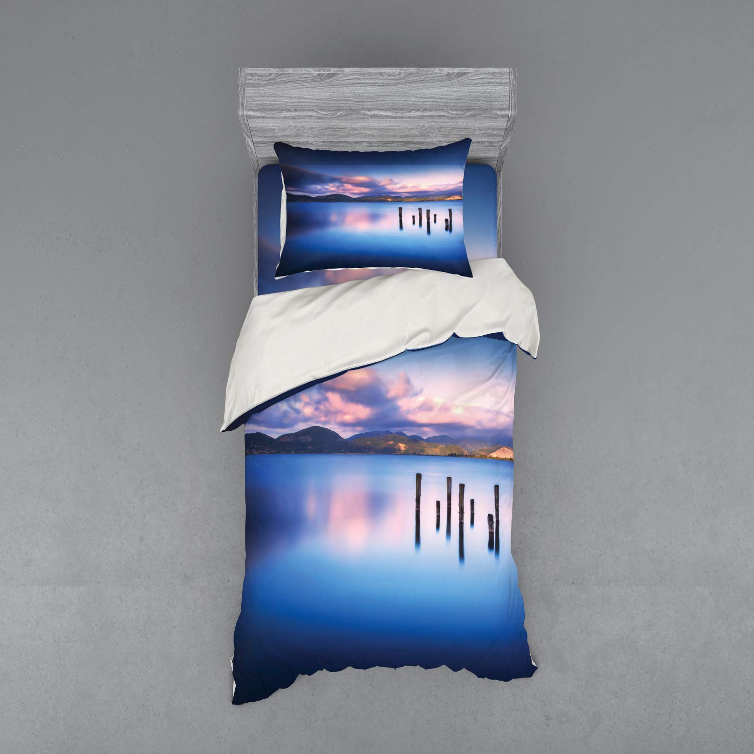 Ambesonne Nature Bedding Set - Wooden Pier Lake Sunset Design, 3-Piece Duvet Cover Set with Sham & Fitted Sheet, Twin Size, Royal Blue - Perfect for Coastal & Lakeside Themed Bedrooms