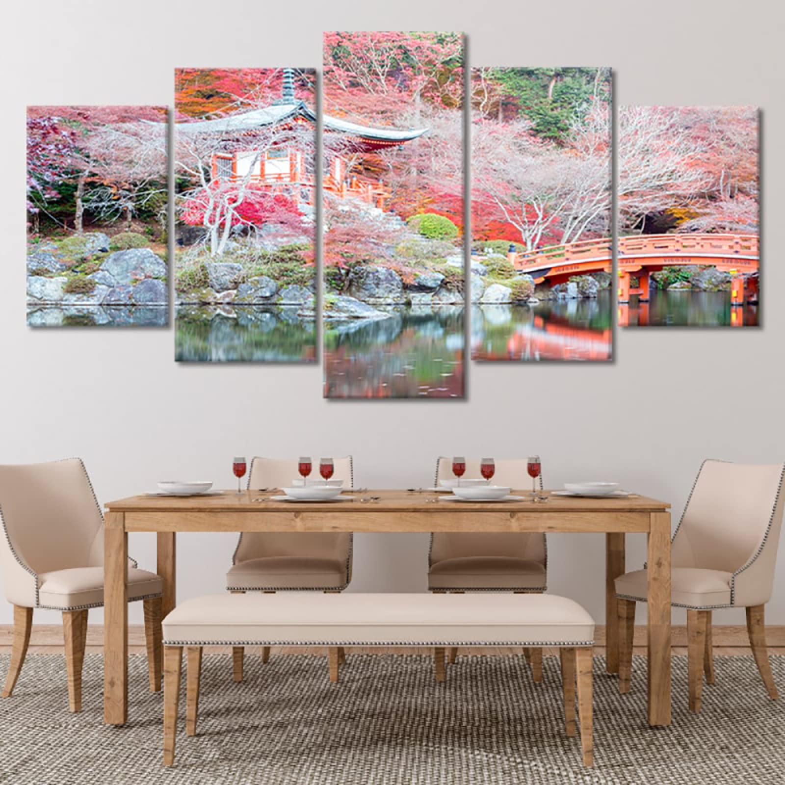 5 Panel Canvas Wall Art Set - Modern Pink Japanese Garden Framed Prints for Living Room Decor | 5 Piece Canvas Painting & Poster Home Decor | Perfect for Bedroom, Office & Dorm Wall Decoration