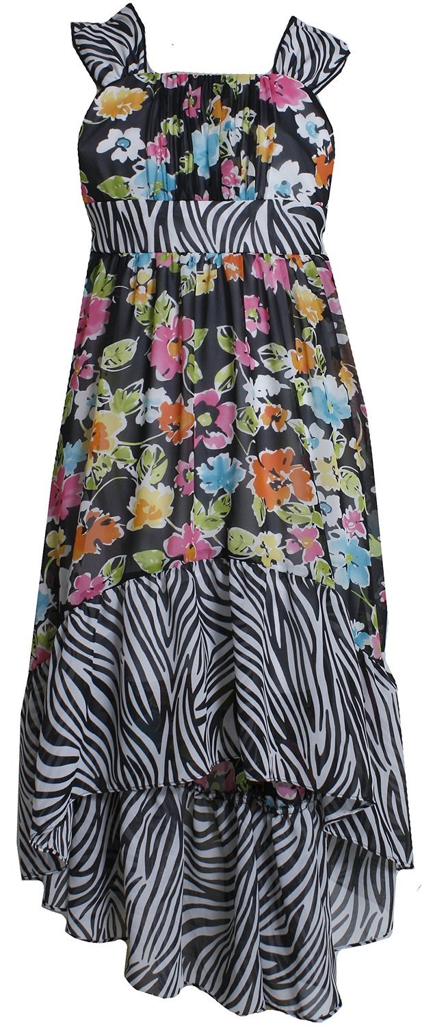 Little Girls 2T-6X Black & White Floral Chiffon High-Low Maxi Dress - Perfect for Birthday Parties, Weddings & Special Occasions