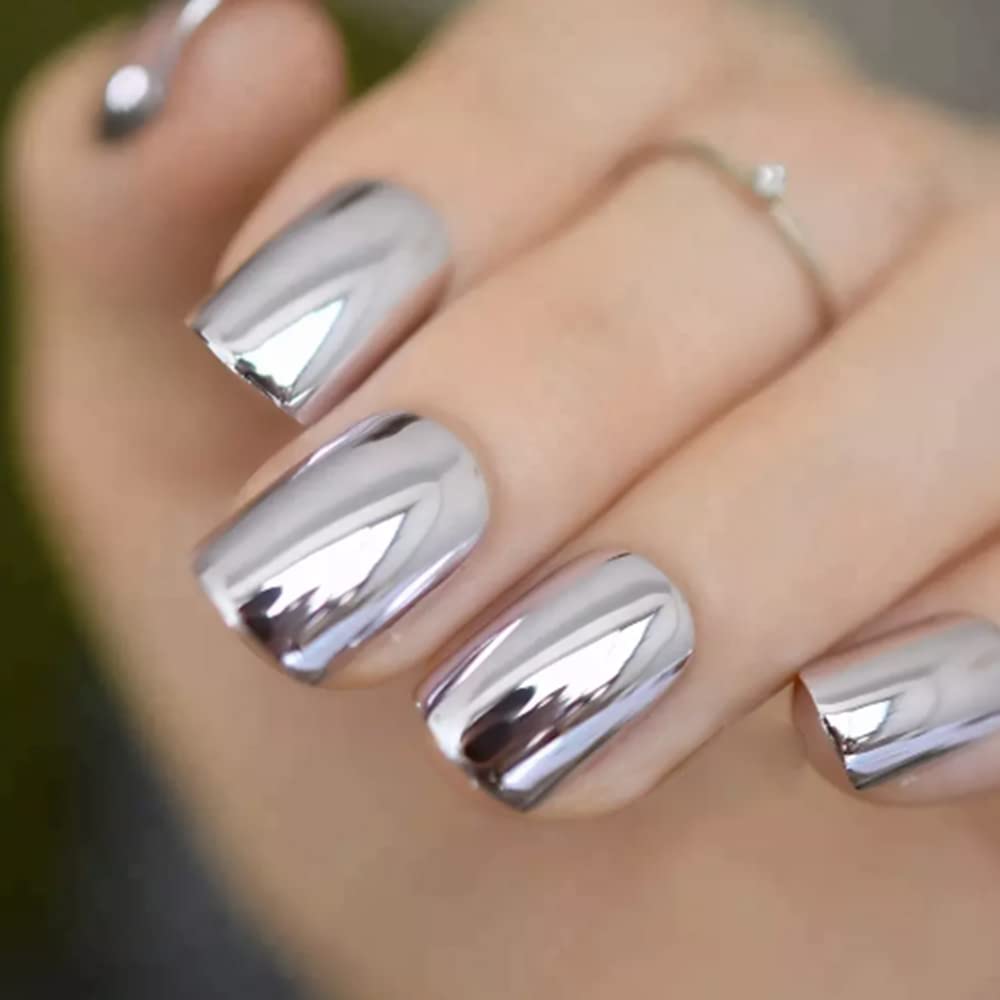 False Nails Kit with Glue - Acrylic Artificial Nails for Women, Coffin Shape Manicure Set with Mirror Metal Design | Perfect for Parties, Weddings & Special Occasions | Next Day Delivery Available