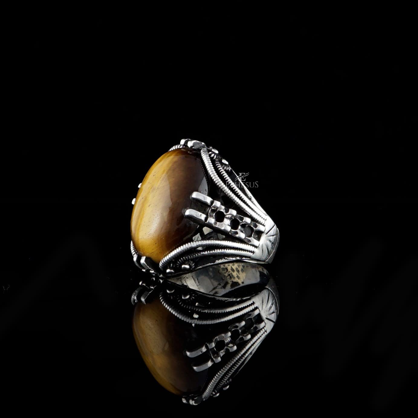Sterling Silver Blue Tiger Eye Ring for Men - Handmade Cabochon Amber Jewelry - Elegant & Stylish Gift for Him - Perfect for Weddings, Anniversaries & Special Occasions
