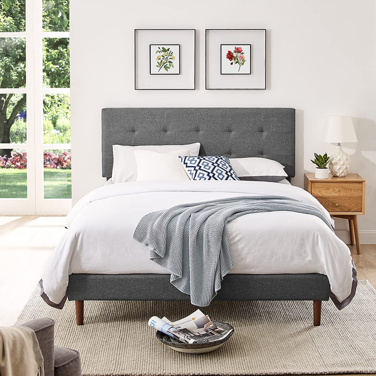 King Size Dark Grey Linen Upholstered Platform Bed Frame with Square Stitch Tufted Headboard & Wooden Slats - Adjustable Height for Modern Bedroom Decor
