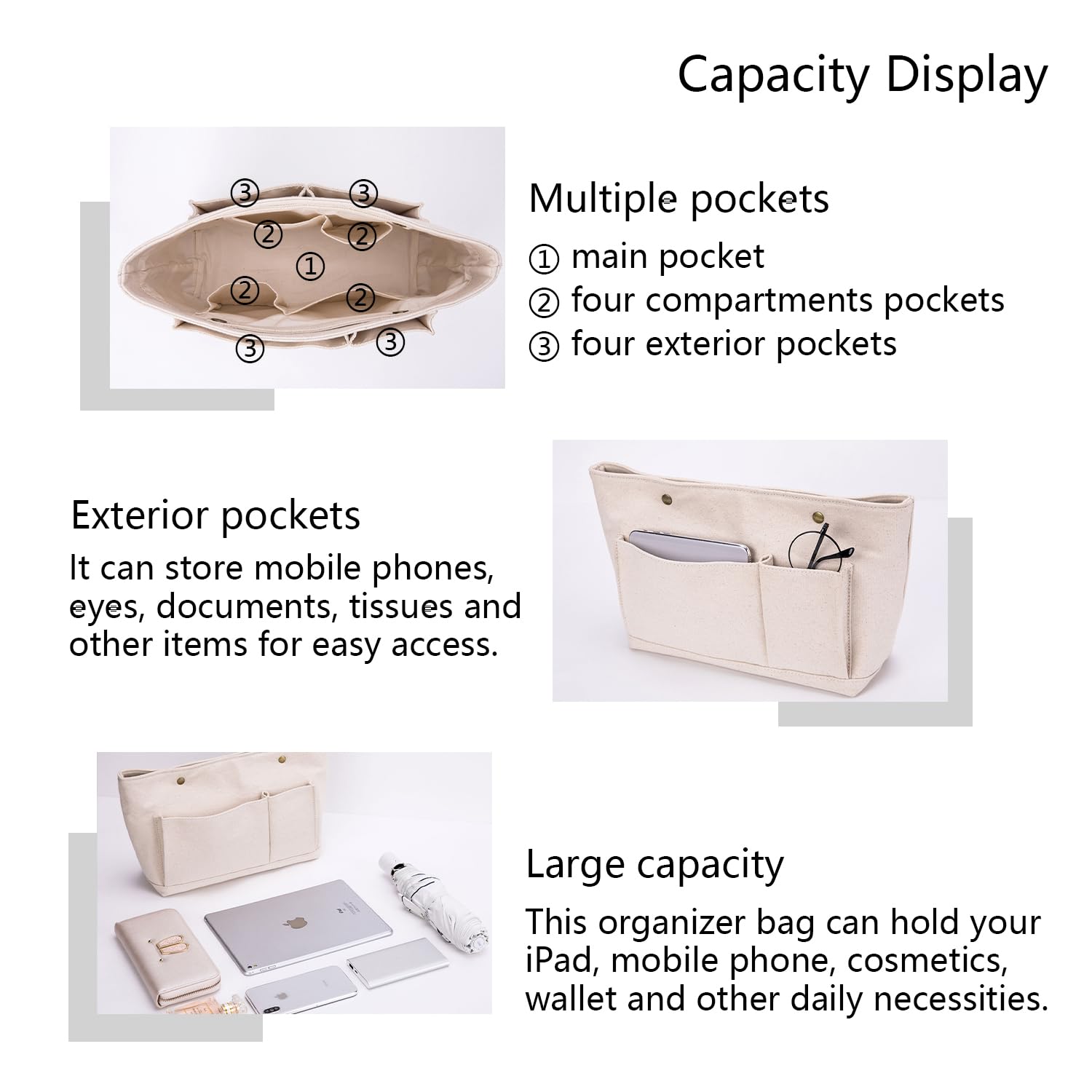 Lightweight Handbag Organizer Insert with Multiple Pockets - Cotton Canvas Storage Organizer for Purses, Cosmetic Bags & Travel Essentials (Medium, Black) - Perfect for Daily Use, Travel & Work