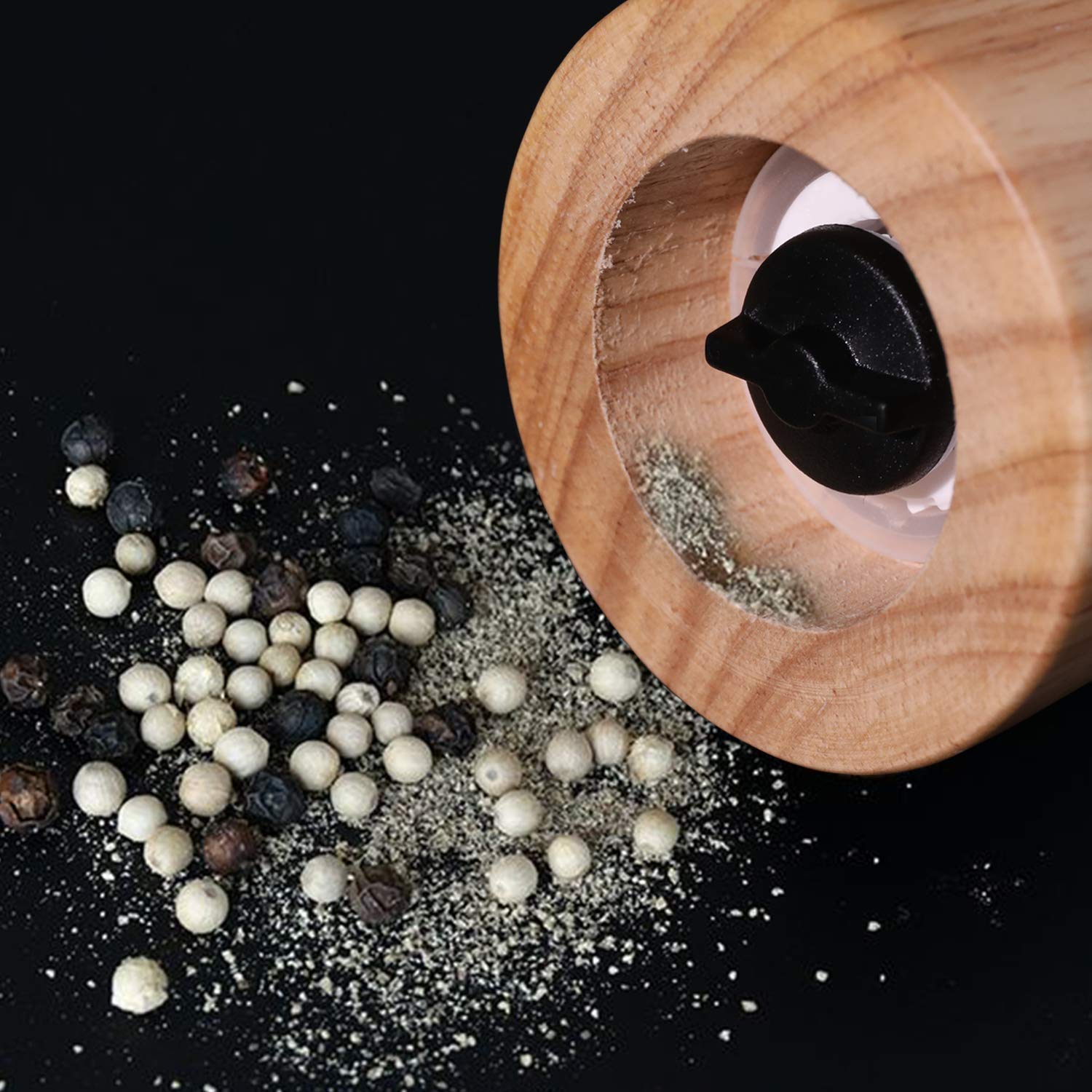 Premium Wood & Ceramic Salt and Pepper Grinder Set - Adjustable Coarseness Spice Mill with Tray (17.5cm) - Perfect for Kitchen, Dining Table & Gourmet Cooking