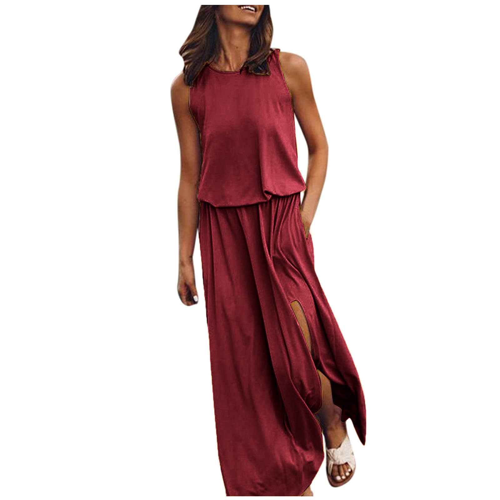 Women's Sleeveless Drawstring Waist Long Maxi Dress - Casual Summer Beach Dress with O-Neck & Side Slit - Perfect for Vacations, Pool Parties & Boho Outfits