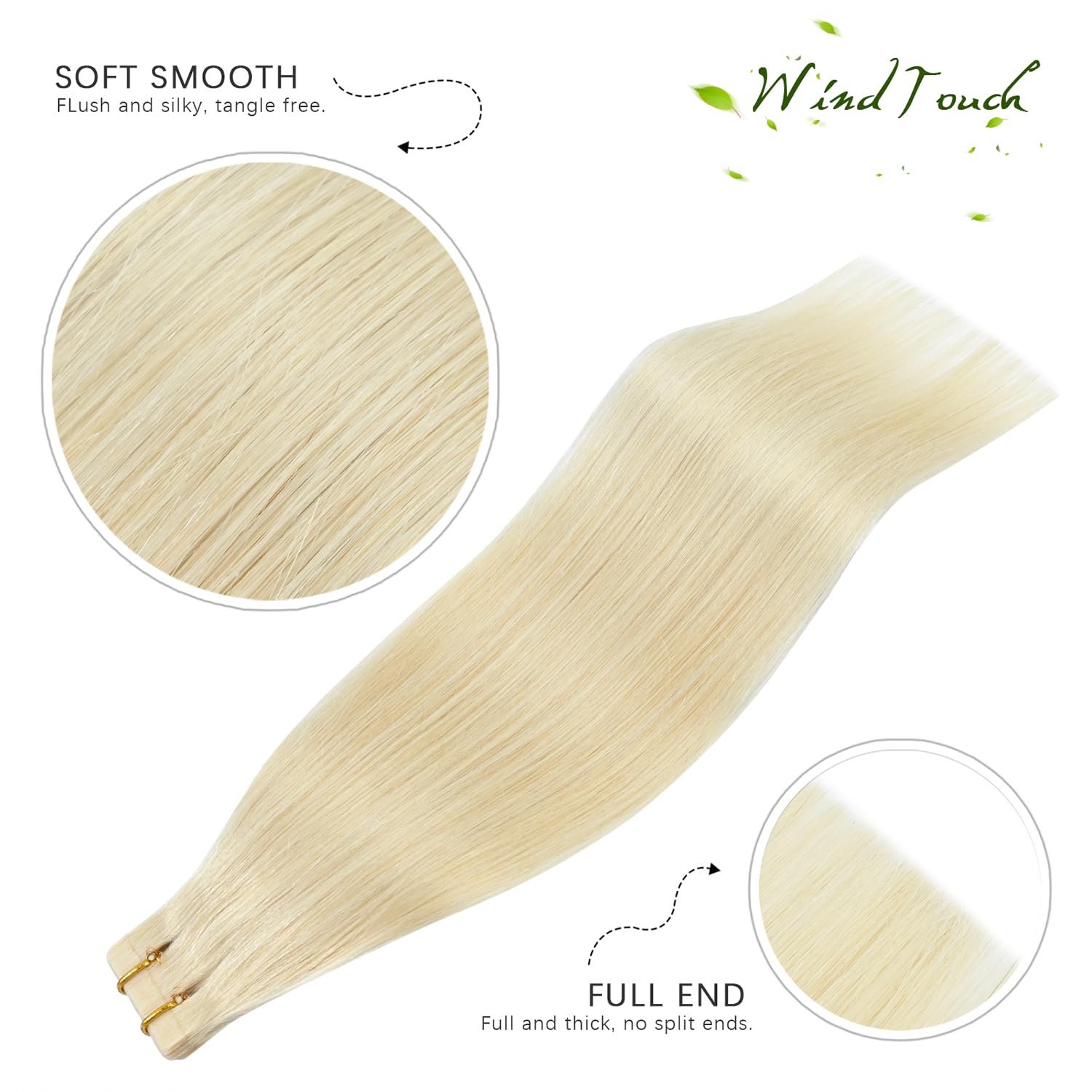 WindTouch 16 Inch Platinum Blonde Tape in Hair Extensions (20 Pcs) - 100% Human Hair, 30g Natural Invisible Tape Extensions for Volume & Length - Perfect for Daily Wear, Parties & Special Occasions