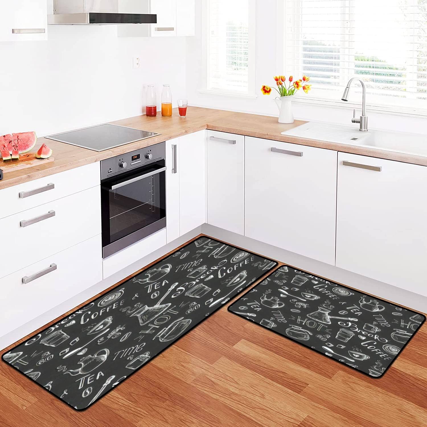 Non-Slip Kitchen Rugs Set - Washable Coffee Tea Doodle Mats for Floor Decor