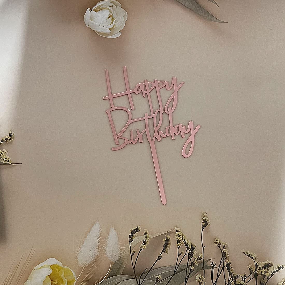Happy Birthday Cake Topper - Rose Gold Mirror Acrylic Party Decorations for Wedding, Anniversary & Birthday Celebrations