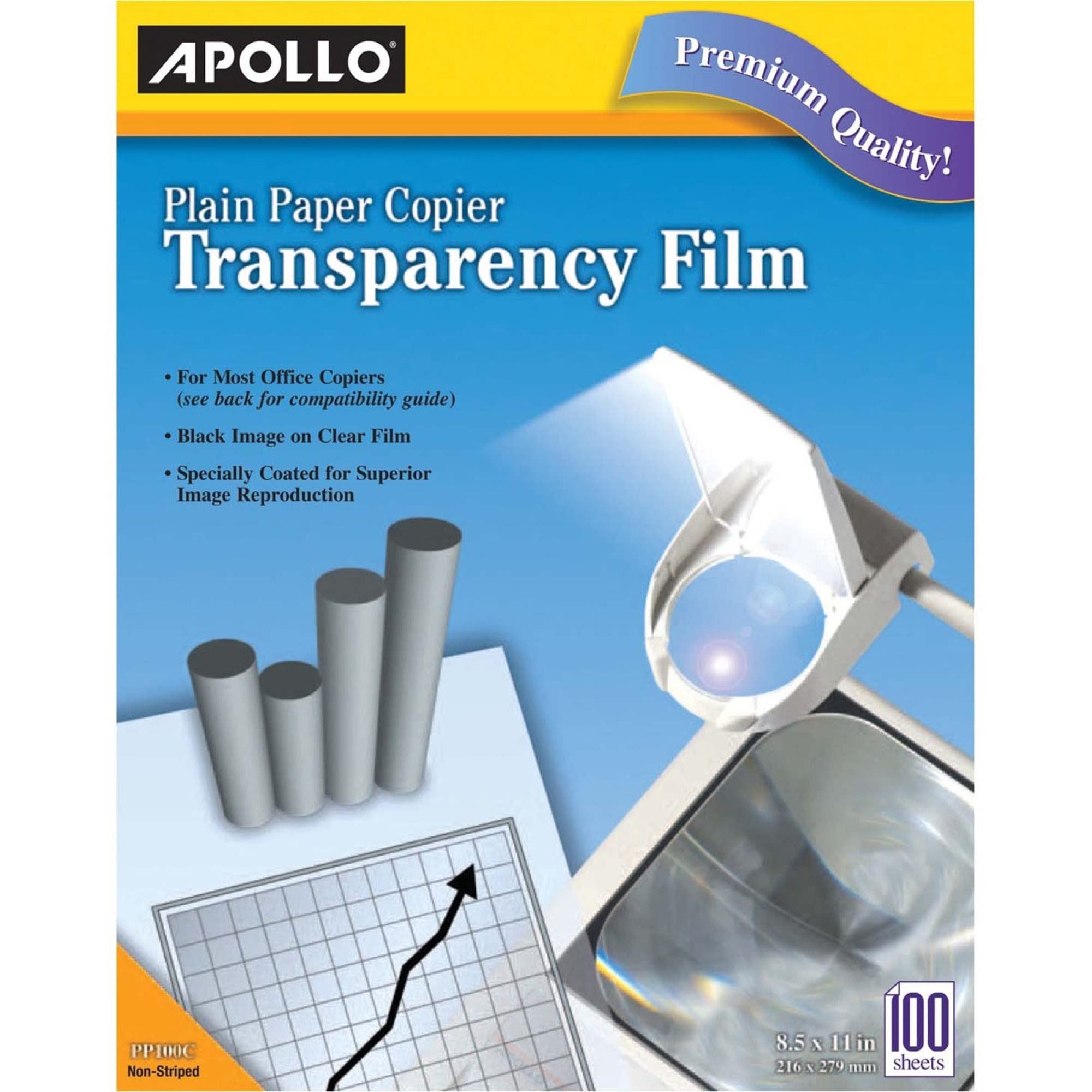 Apollo Plain Paper Copier Transparency Film - Black on Clear - 100 Sheets/Pack - Ideal for Overhead Projectors, Presentations, and School Projects