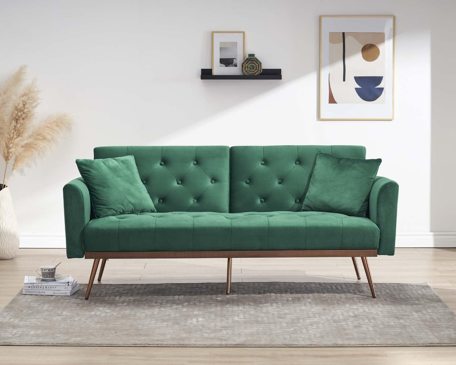 TMEOSK Convertible Velvet Futon Sofa Bed - Modern Folding Sleeper Couch with 3 Adjustable Backrest, 2 Pillows - Space Saving for Small Apartments, Living Rooms, Guest Rooms & Dorms (Green) | Perfect for Studio Apartments, Home Offices & Multi-Functional Spaces