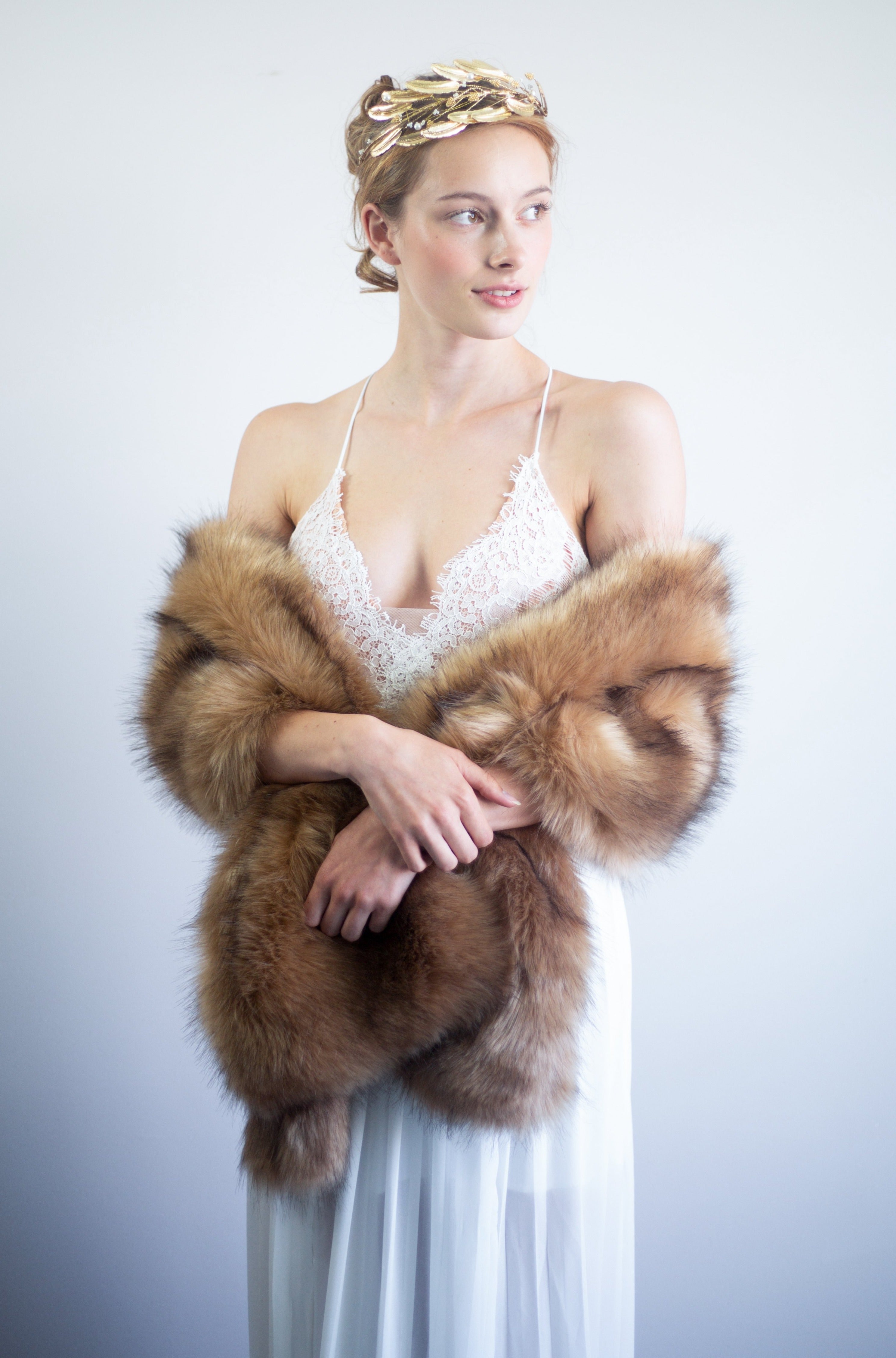 Honey Brown Fur Shawl for Women - Soft & Warm Winter Wrap - Elegant Lilian LBrw03 Shawl for Parties, Weddings & Evening Events