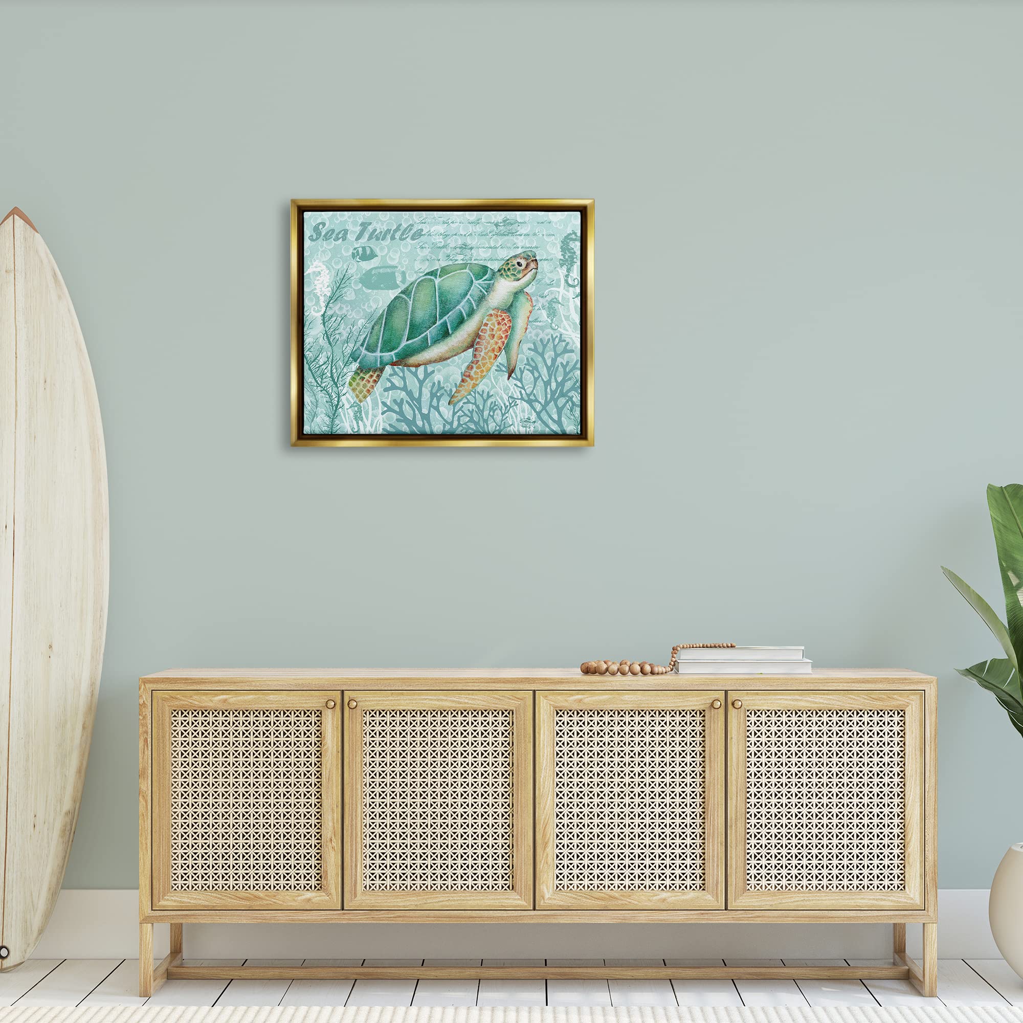 Stupell Industries Coral Bordered Sea Turtle & Seahorse Wall Art - Emma Leach Calligraphy Design | Coastal Beach Decor for Bathroom, Nursery & Living Room