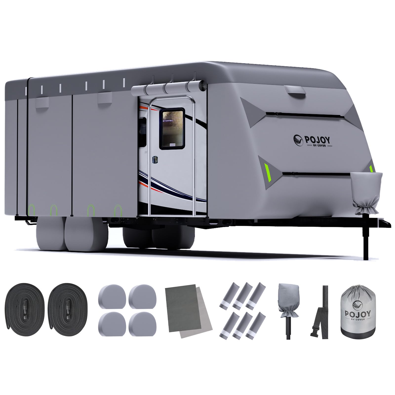 Heavy-Duty Waterproof Windproof RV Travel Trailer Cover - 600D Oxford Fabric with Anti-Rip & UV Protection - Includes Tongue Jack Cover, Tire Covers & Gutter Covers - Fits 37'1
