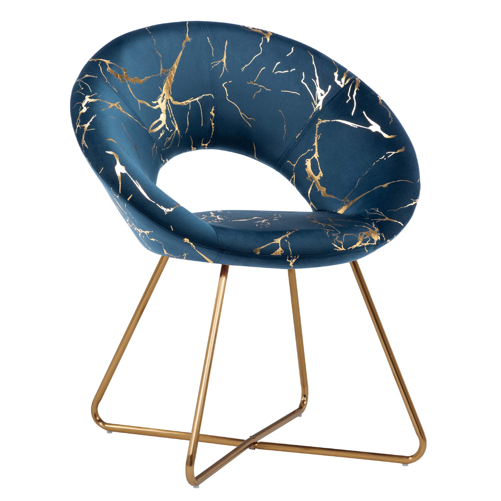 Blue Velvet Accent Chair with Golden Legs - Mid-Back Vanity Chair for Living Room, Bedroom & Office Desk - Stylish Modern Home Decor (1 Piece)