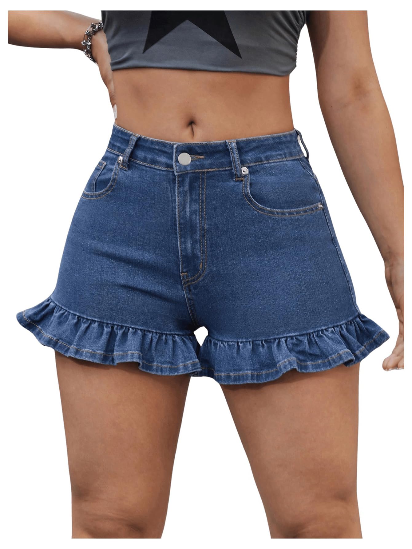 Floerns Women's High Waisted Straight Leg Denim Shorts with Pockets | Flounce Hem Skinny Jean Shorts for Summer | Casual Outfit, Beach Vacation, Street Style