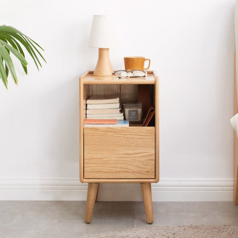 Solid Wood Ultra Narrow Nightstand - Oak, Rubber, Cherry - Perfect for Small Bedrooms, Apartments & Tight Spaces