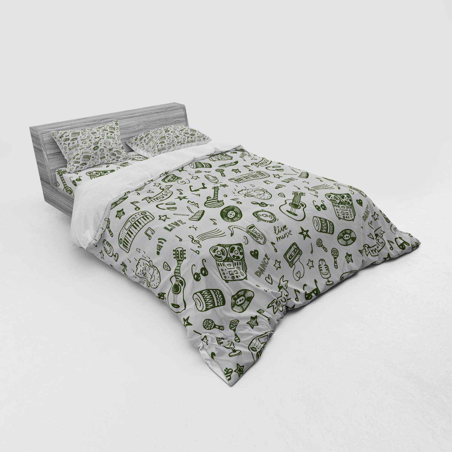 Ambesonne Hipster Duvet Cover Set - Hand Drawn Nostalgic Disco Dance Theme with Musical Instruments, 4-Piece Queen Size Bedding (Duvet Cover + 2 Shams + Fitted Sheet) in Olive Green & White | Perfect for Retro Themed Bedrooms, Music Lover Gifts & Unique Home Decor