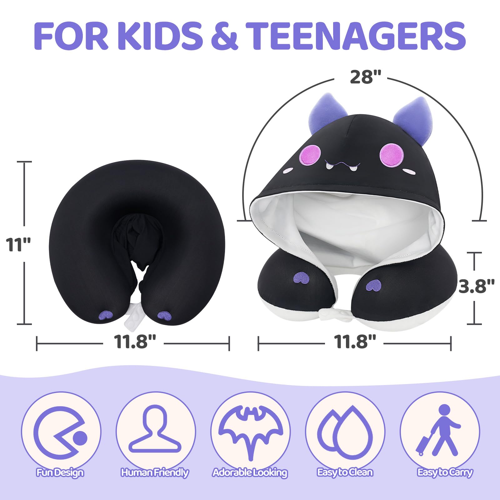 Memory Foam Travel Neck Pillow with Hood & Adjustable Strap - Soft Velvet & Cooling Ice Silk Fabric for Kids & Adults - Perfect for Airplane, Car & Office Napping