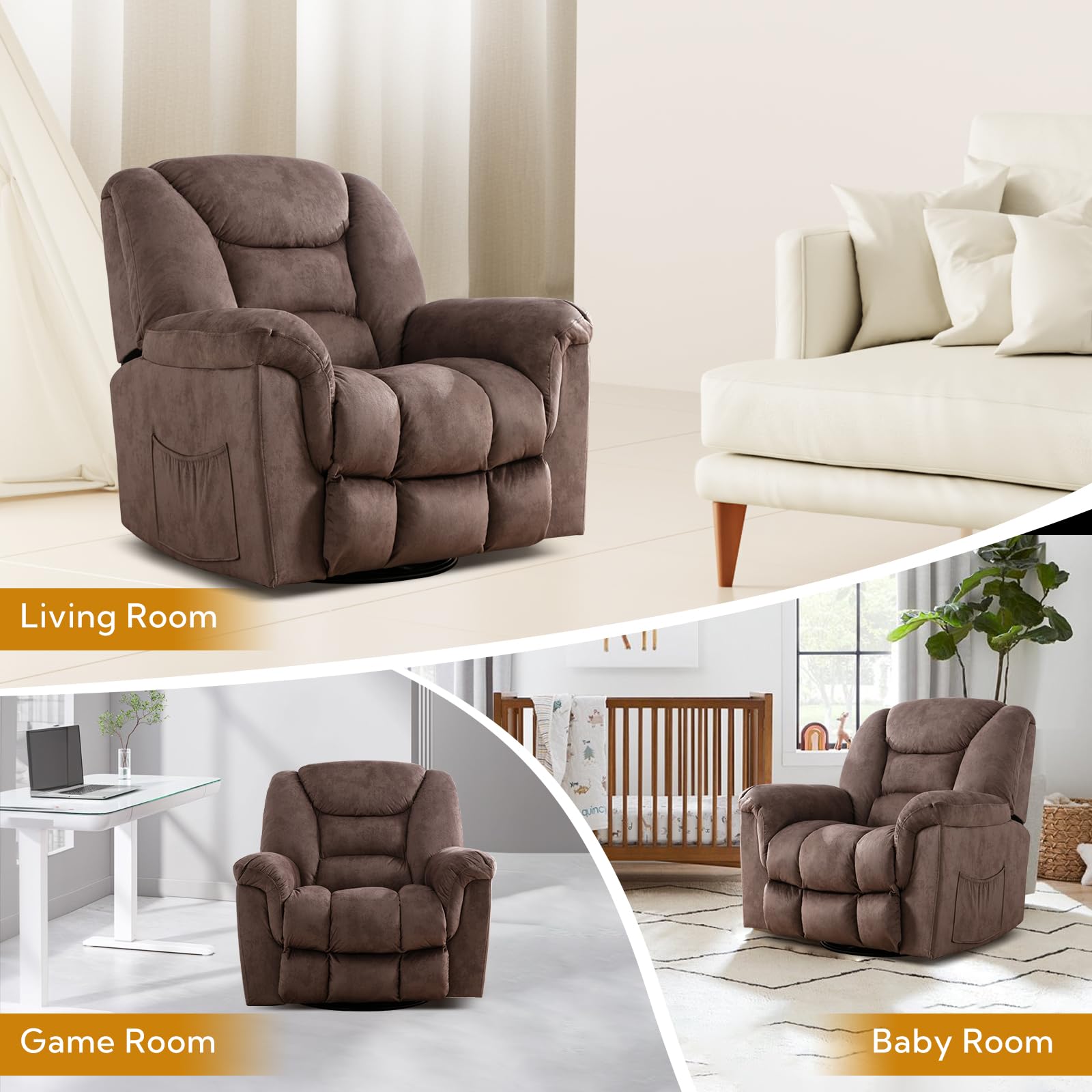 ANJ Oversized Rocker Recliner Chair - 360° Swivel Manual Recliner, Extra Wide Glider Rocking Chair for Big & Tall Men, Plush Overstuffed Living Room Recliner in Camel Brown - Perfect for Lounging, Movie Nights & Relaxation in Your Home Theater or Family Room