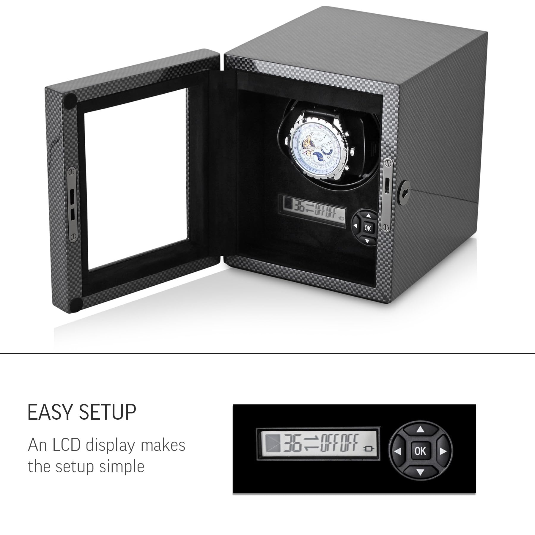 Premium 9-Watch Winder with LED Interior Lighting & Storage Drawer - Carbon Fiber - Perfect for Watch Collectors & Luxury Timepiece Display