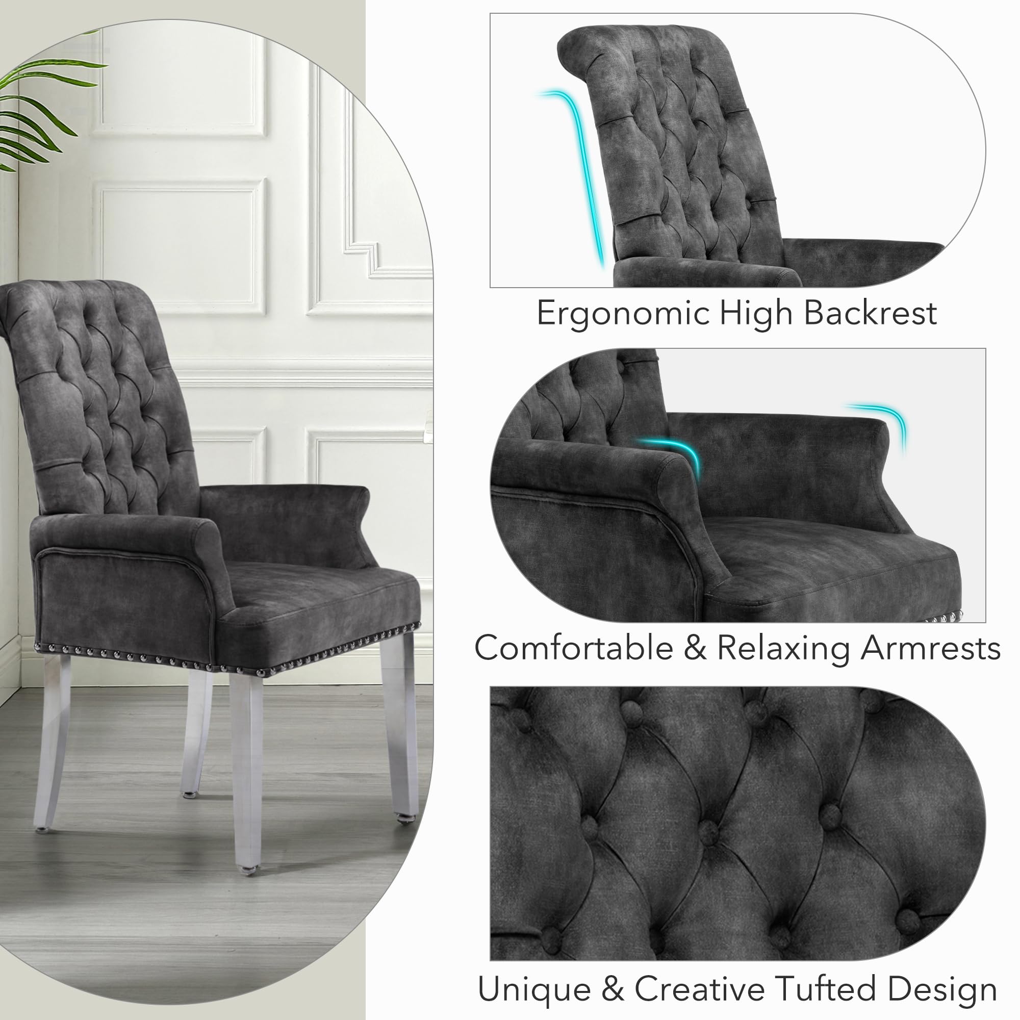 Luxury Velvet Dining Chairs with Tufted Upholstery & Stainless Steel Legs - Modern Armrest Dining Room Chairs in Dark Grey - Perfect for Home Dining, Restaurant, and Office Settings