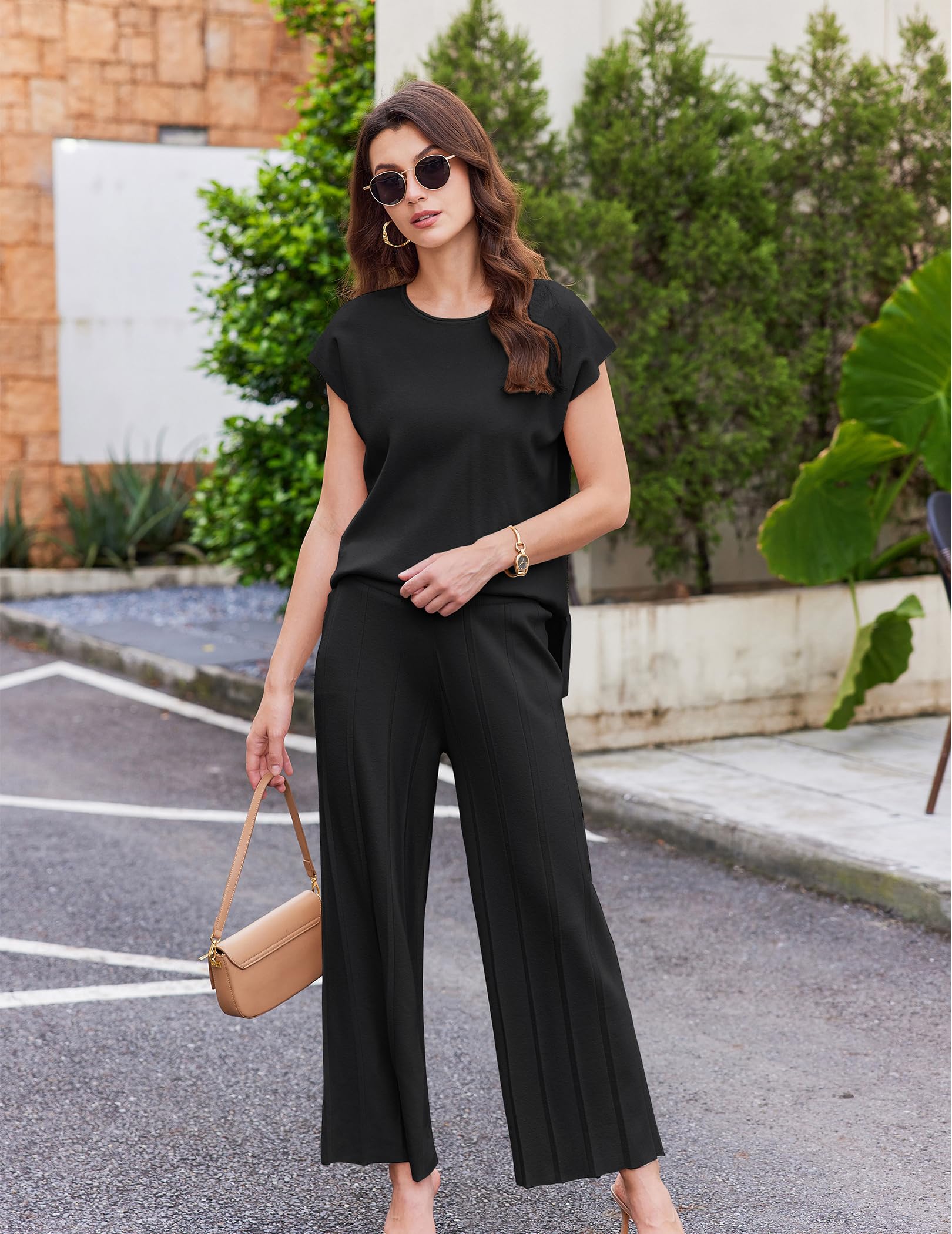Ekouaer Women's Lounge Sets - Soft Knit Cap Sleeve Tops & Wide Leg Pleated Pants 2-Piece Outfit | Casual & Dressy Sweater Set for Home, Office & Weekend Wear