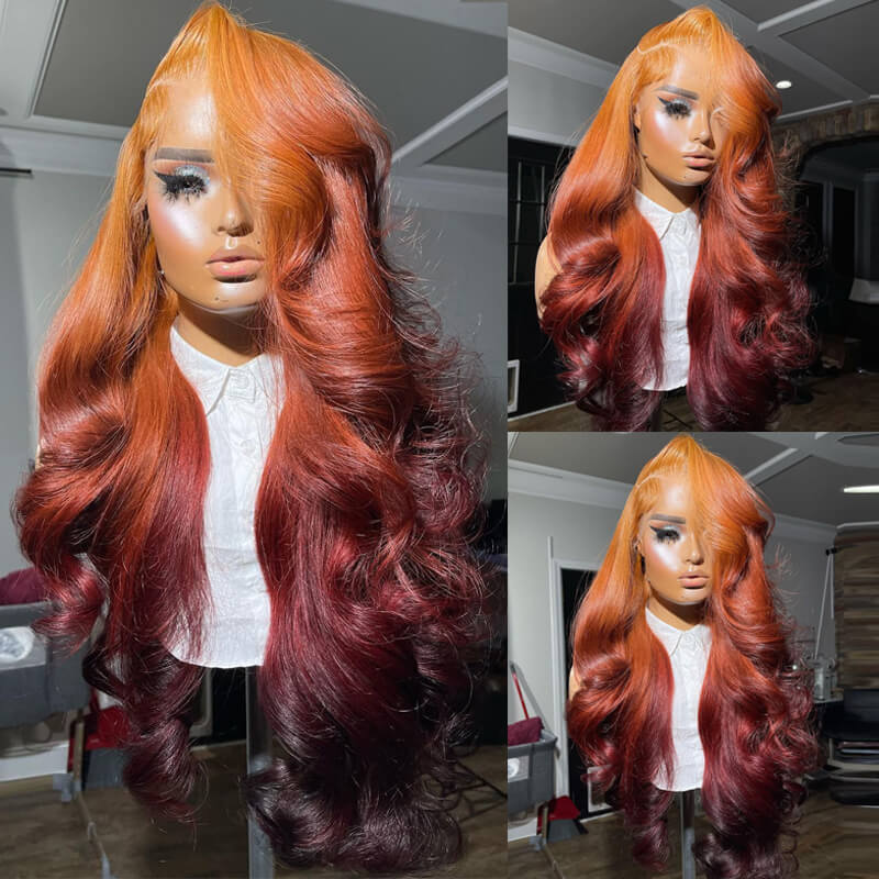 Eullair Flawless Ombre Coral Orange Copper Brown Body Wave Human Hair Wig with Lace Frontal - Sunset Copper Brown for Daily Wear, Parties & Special Occasions