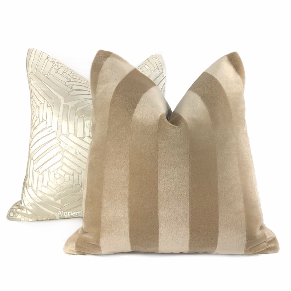 Mayfair Sand Beige Mohair Velvet Stripe Pillow Cover - Premium Kravet Couture Fabric - Luxury Home Decor for Living Room, Bedroom & Sofa