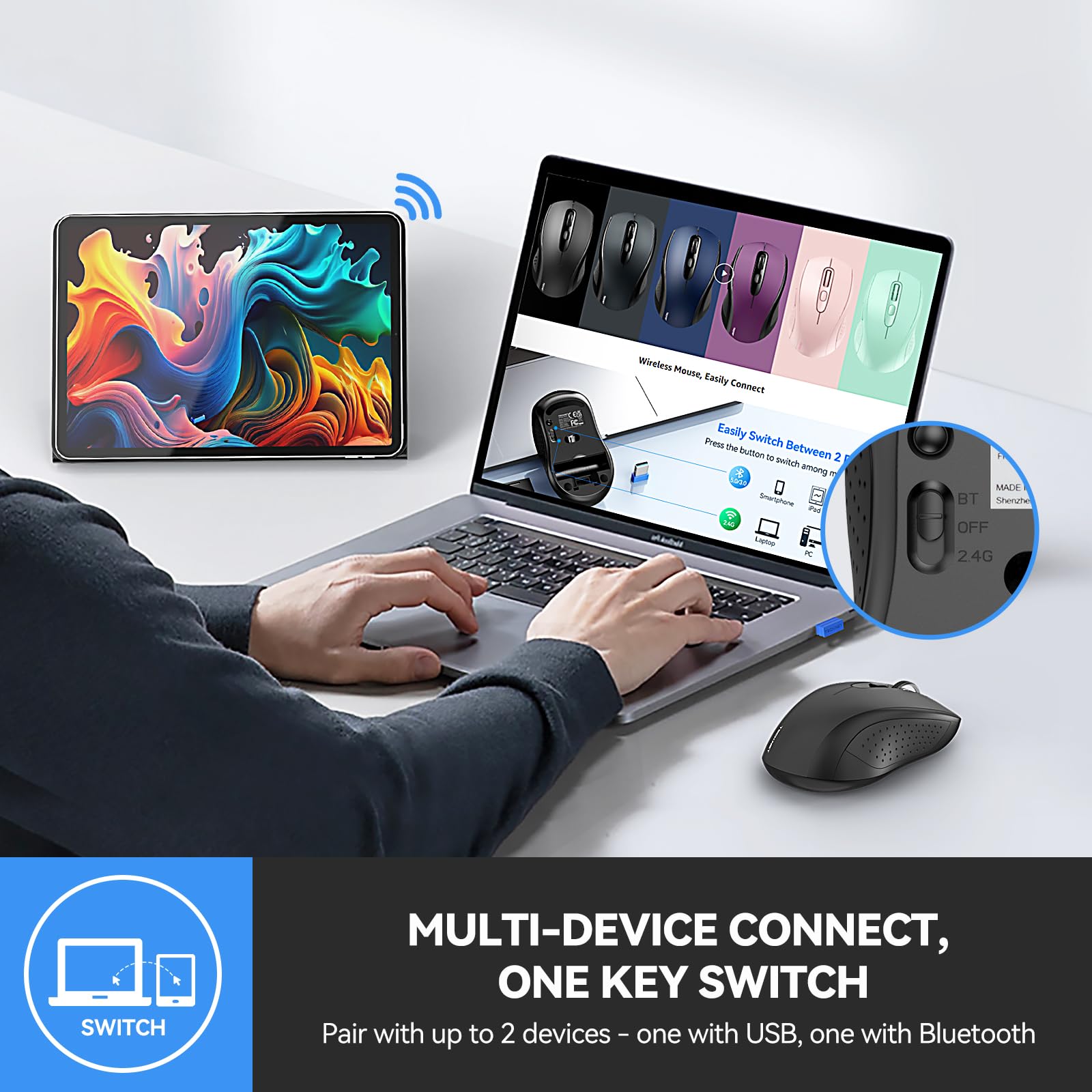 TECKNET Bluetooth Wireless Mouse 4000DPI - 2-in-1 USB & Bluetooth 5.0/3.0 + 2.4Ghz Rechargeable Mouse for Laptop, PC, Mac (Black) - Perfect for Office, Travel & Home Use