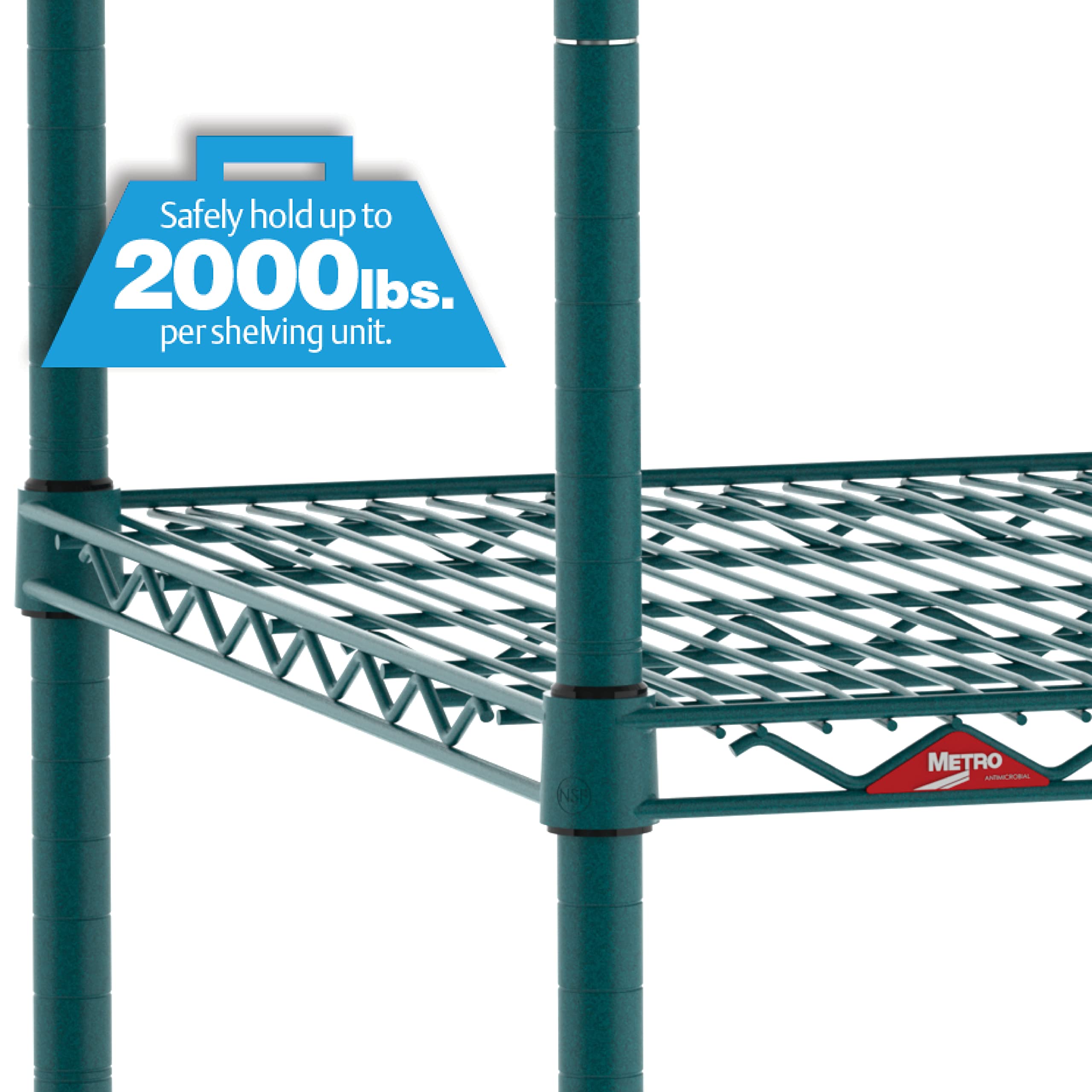 METRO Super Erecta Metroseal Green Epoxy 4-Tier Industrial Wire Shelving Unit - 2000 lbs Capacity (24”W x 36”L x 74”H) with Microban Protection - Heavy Duty Storage Rack for Commercial Kitchens, Restaurants, Walk-in Coolers & Freezers - Ideal for Food Storage, Warehouse Organization and Industrial Use