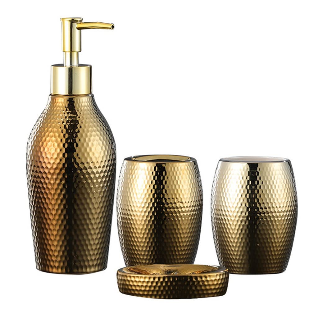 4-Piece Nordic Golden Ceramic Bathroom Set - Soap Dispenser & Toothbrush Holder - Modern Bathroom Accessories for Spa, Hotel, and Home Decor
