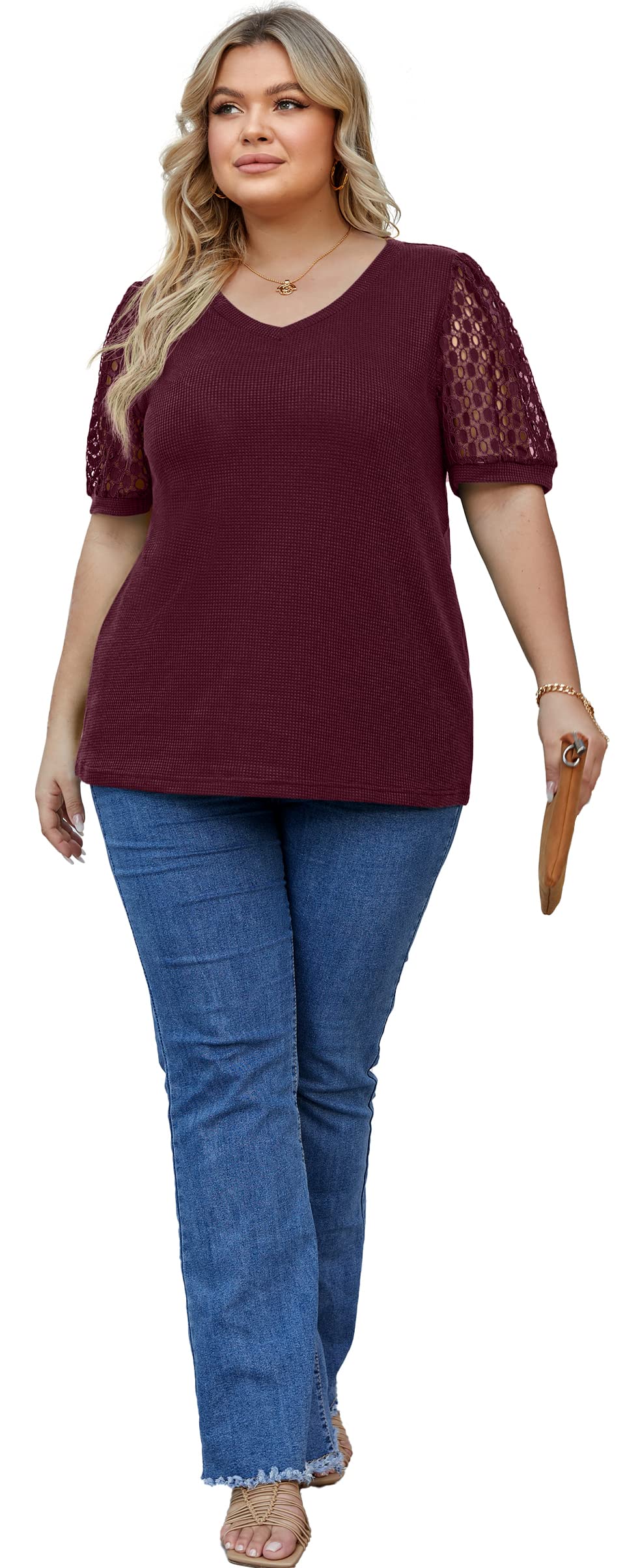 OLRIK Plus Size Tops for Women - Summer Blouse Waffle Knit Short Sleeve Lace Shirts | Casual Wear, Office Outfits & Date Night Fashion