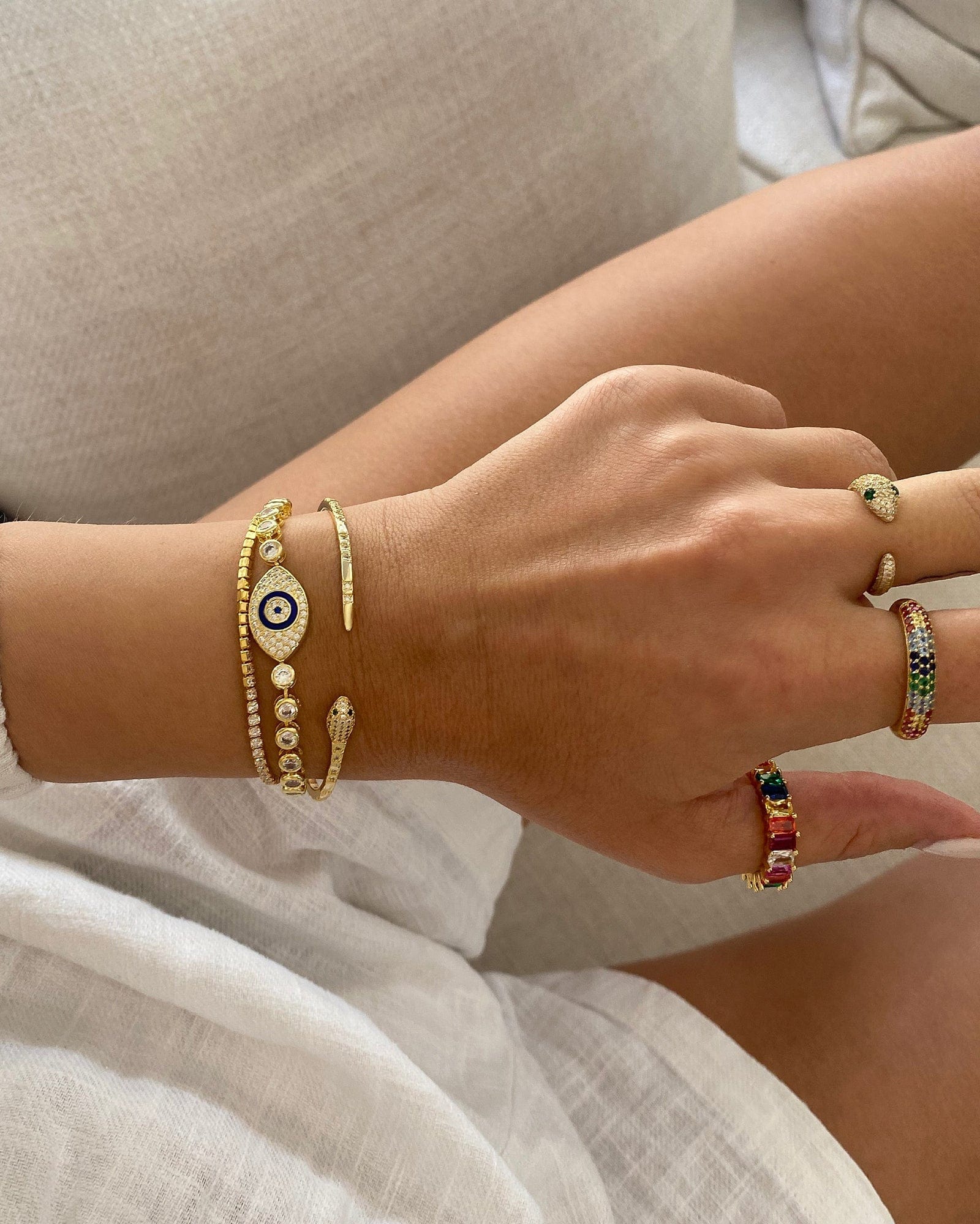 Izoa Green Eye Embellished Cuff Gold Bracelet - Elegant Statement Jewelry for Women, Perfect for Parties, Weddings & Special Occasions
