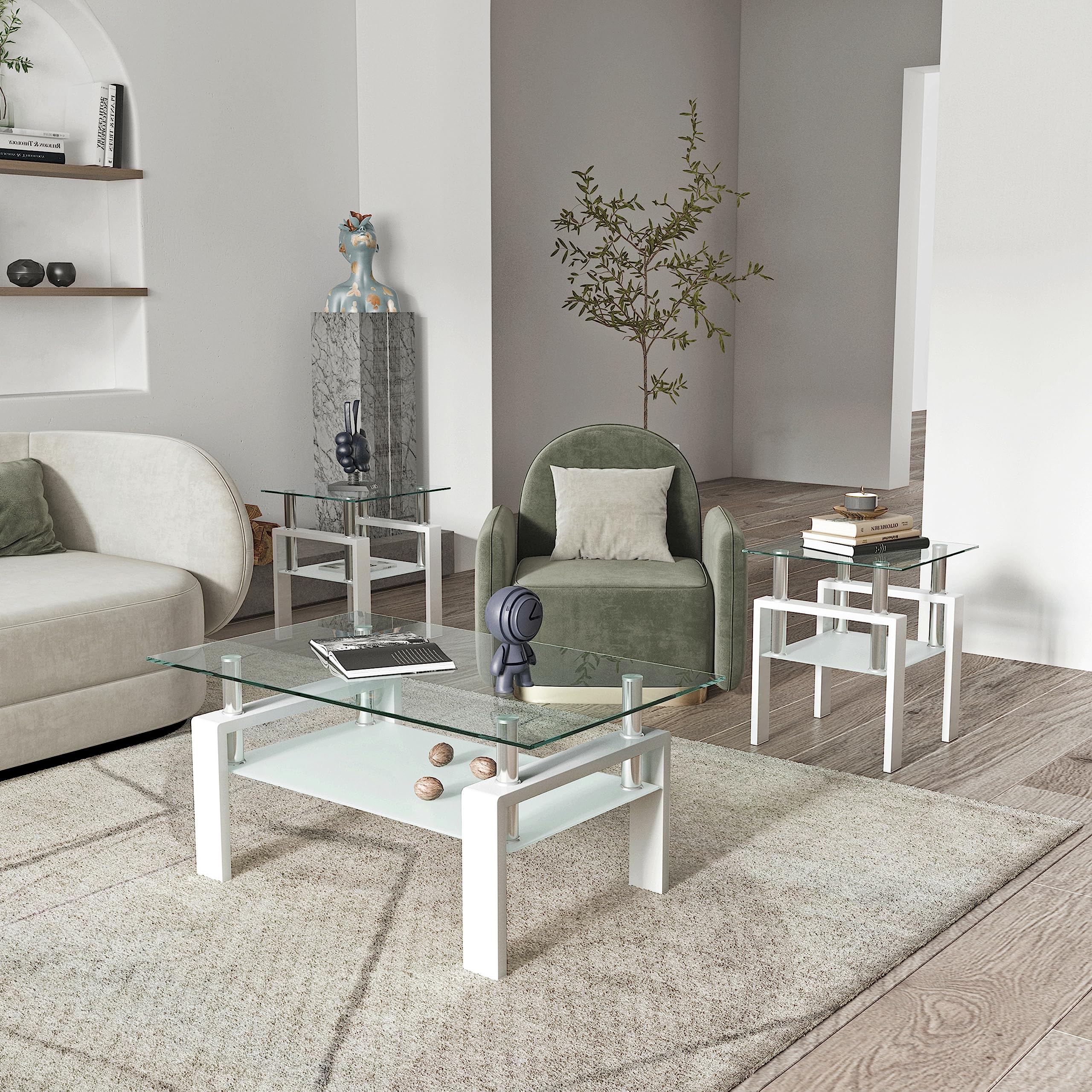 Modern 3-Piece Glass Coffee Table Set with Storage - Black Metal Leg Rectangle Tempered Center & Side Tables for Living Room - White Home Furniture (Perfect for Small Spaces, Apartments & Contemporary Decor)