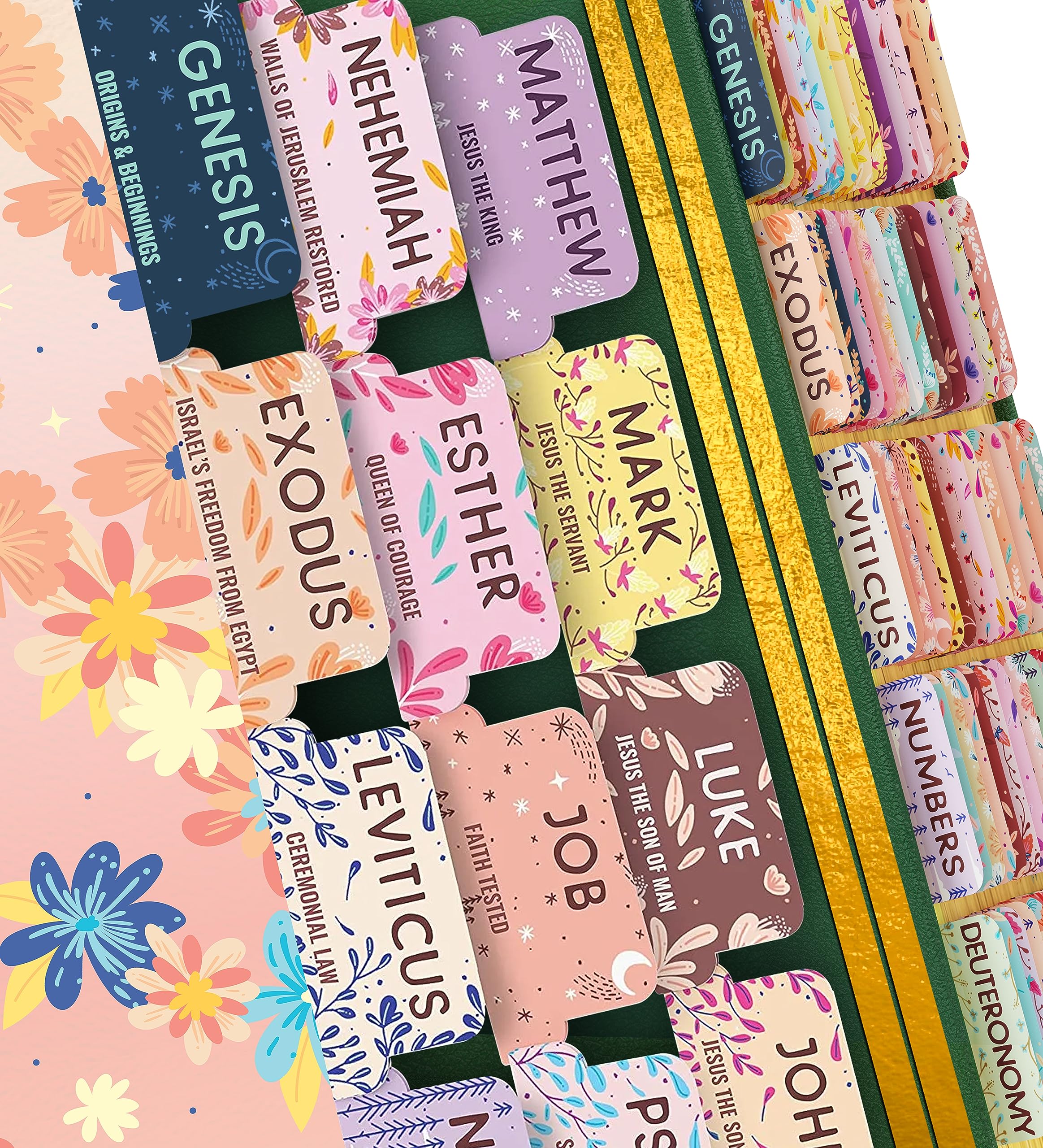 Bloom Beauty Bible Tabs for Women - 66 Large Print Laminated Peel-and-Stick Bible Study Tabs | Gold Journaling Accessories, Perfect Gift for Christian Women, Bible Study Supplies | Ideal for Personal Devotion, Small Groups & Church Bible Studies