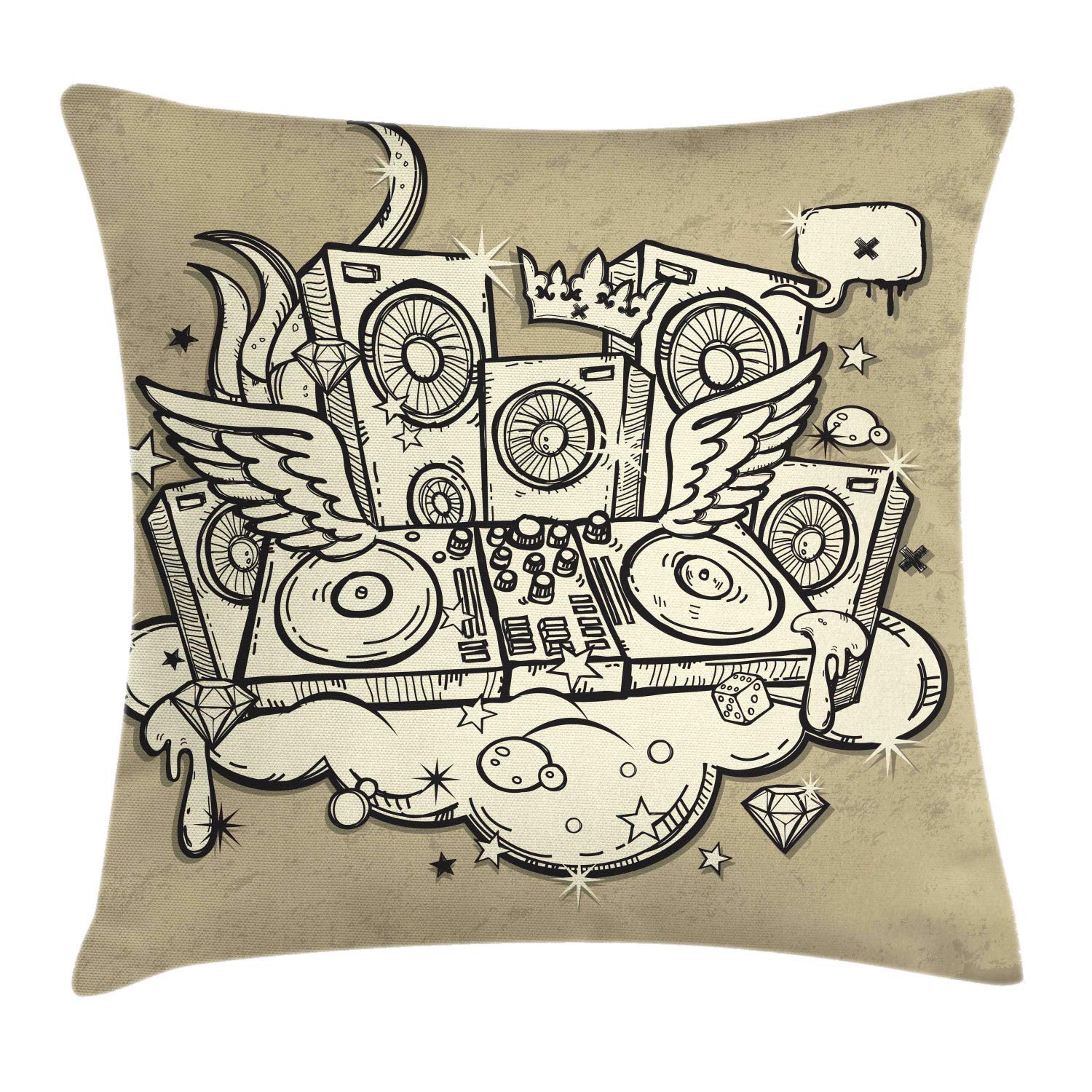Lunarable DJ Disco Music Throw Pillow Cover - Hand-Drawn Speakers, Wings & Crown Design, 16x16 Inch Tan Cream & Black Square Accent Pillow Case for Home Decor, Party Room, and Music Studio