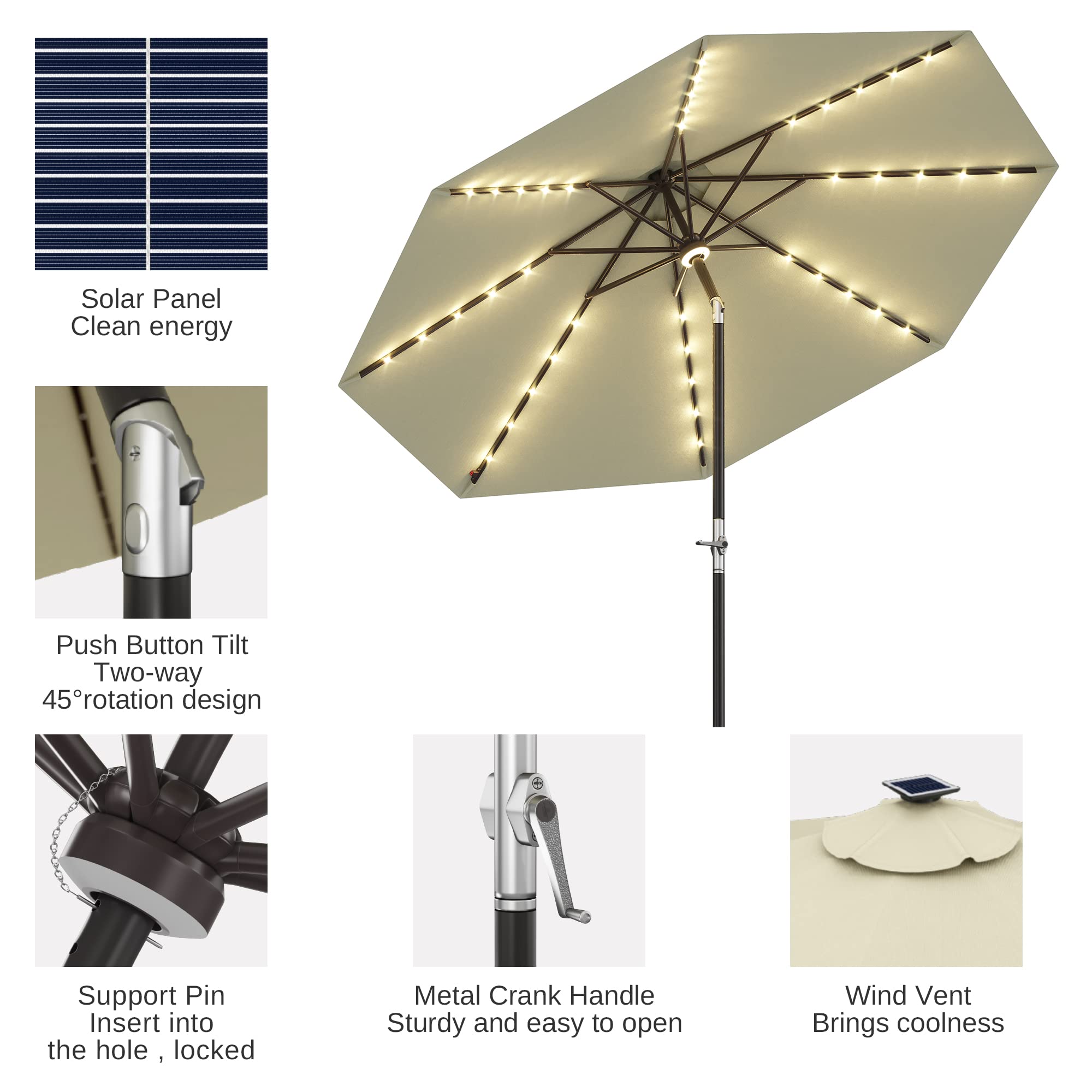EAST OAK 9 ft Outdoor Patio Umbrella with 40 LED Solar Lights - Waterproof, UV 30+ Fade Resistant - Perfect for Garden, Deck, Backyard, Pool and Beach - Beige | Ideal for Outdoor Dining, Lounging, and Summer Parties