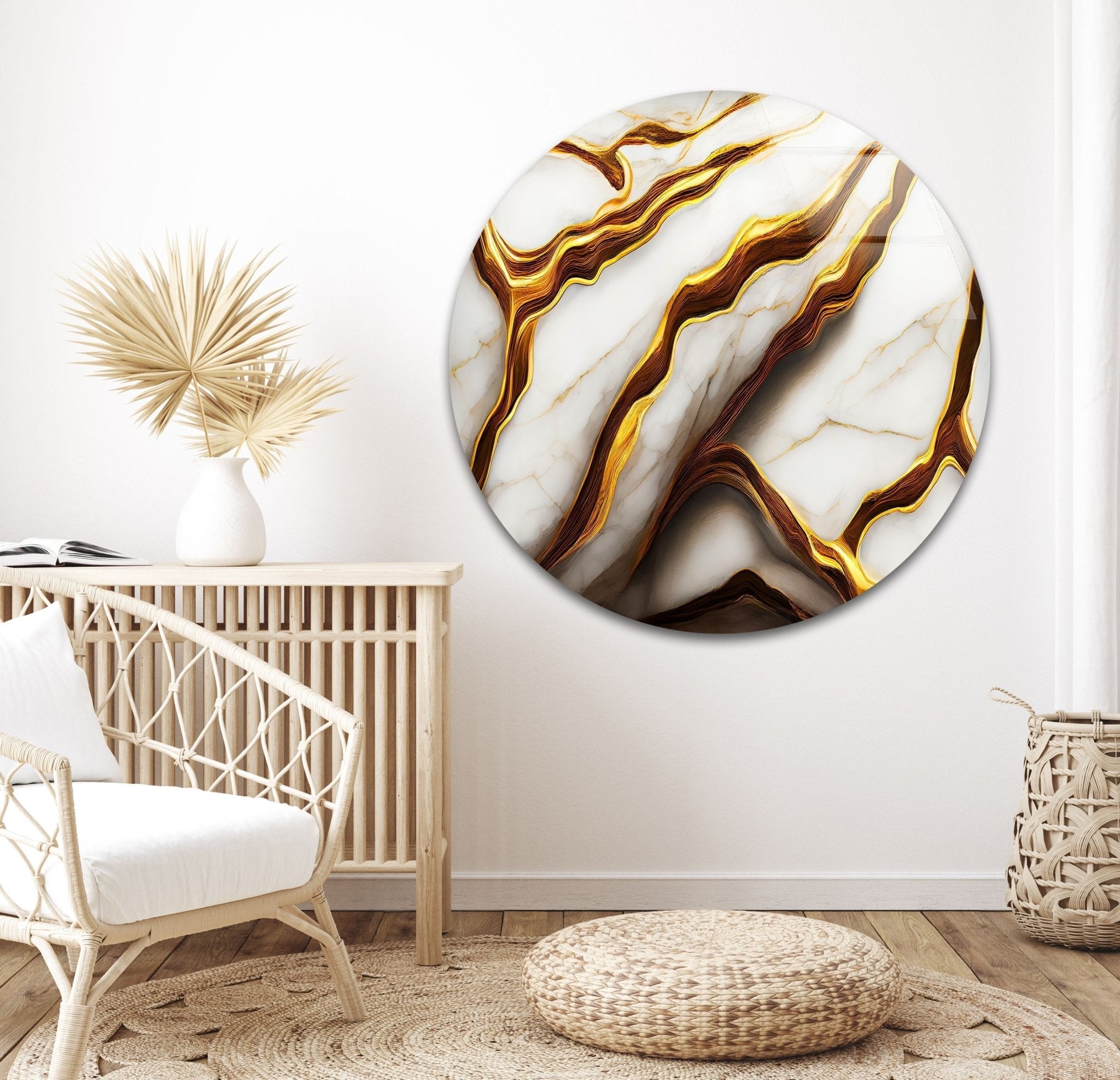 Abstract Golden Details Marble Glass Wall Art - Modern Home Decor for Living Room, Bedroom & Office | Elegant Handmade Glass Panel for Interior Design