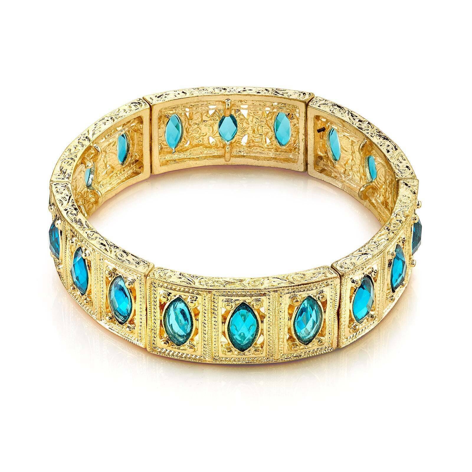 1928 Jewelry Aqua Blue Navette Stone Stretch Bracelet for Women - Vintage Inspired Adjustable Crystal Beaded Bangle for Party, Wedding & Everyday Wear