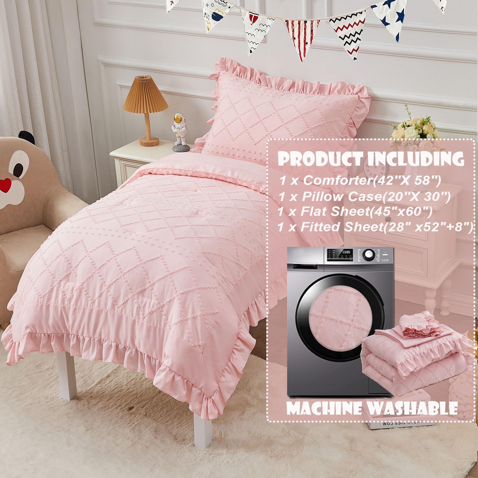 4-Piece Boho Pink Toddler Bedding Set for Girls - Jacquard Tufted Comforter, Ruffle Fringe, Flat Sheet, Fitted Sheet & Pillowcase | Soft & Cozy Bed-in-a-Bag for Kids Room, Nursery or Sleepovers