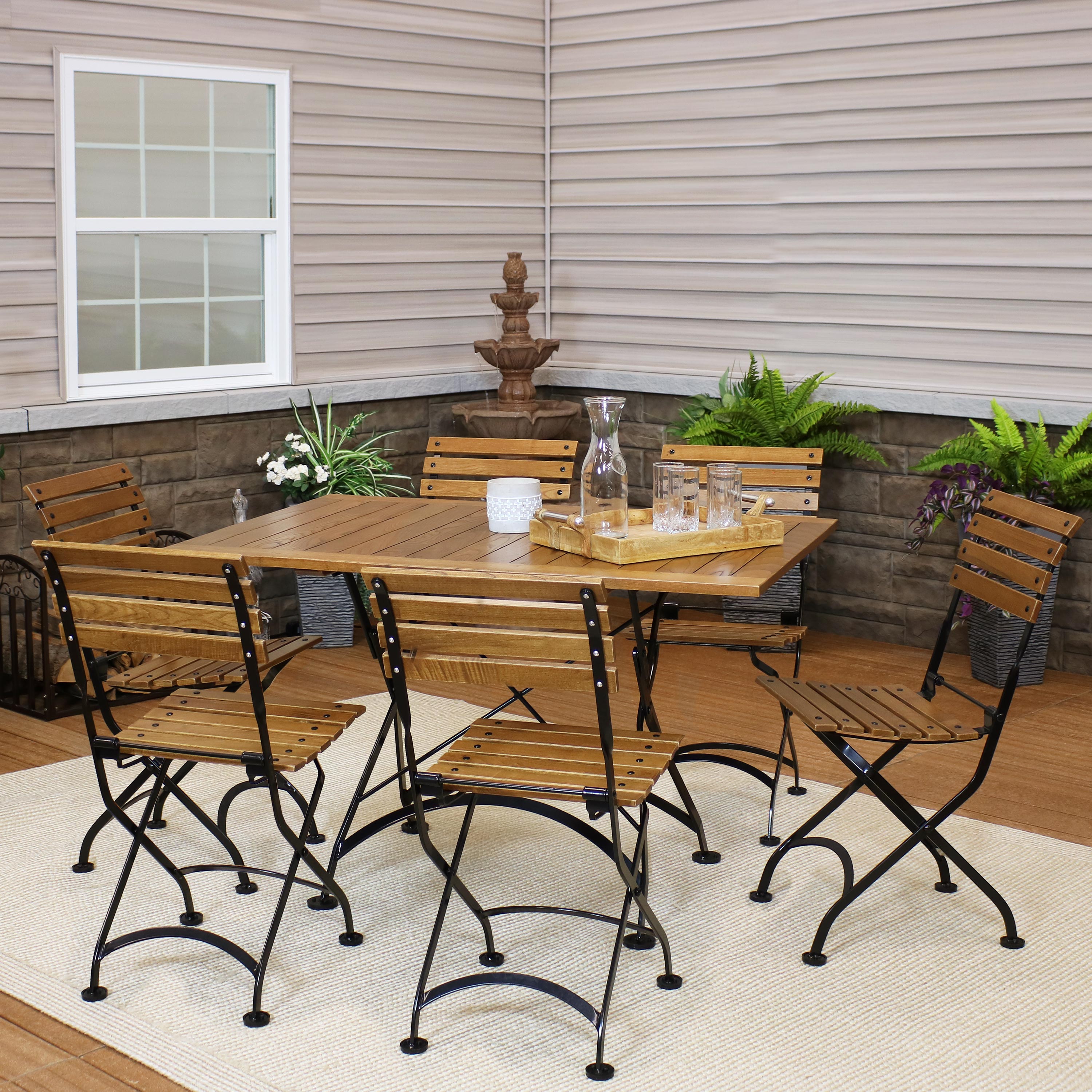 Sunnydaze 7-Piece Folding Table and Chairs Set - European Chestnut Wood Patio Furniture for Outdoor Dining, Picnics, and Garden Parties