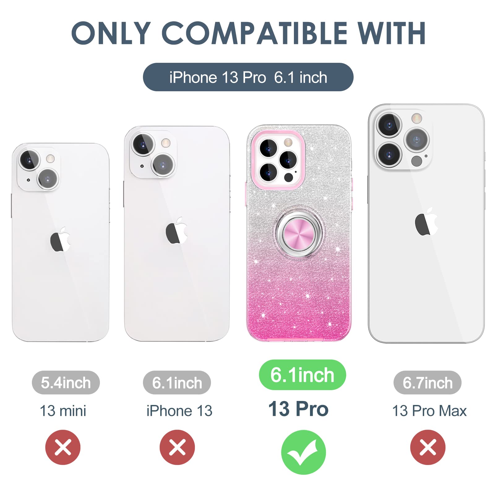 Hython iPhone 13 Pro Case with 360° Rotatable Magnetic Ring Stand - Sparkly Glitter Bling Hybrid Phone Cover (Pink) | Car Mount Compatible, Perfect for Work, Travel & Everyday Use