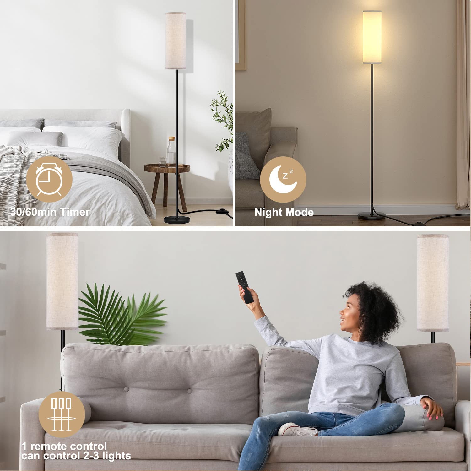 Modern LED Floor Lamp with Remote Control - Stepless Dimmable 12W Bulb Included, Standing Tall Lamp for Living Room, Bedroom & Office (Beige) | Perfect for Reading, Working & Creating Cozy Ambiance