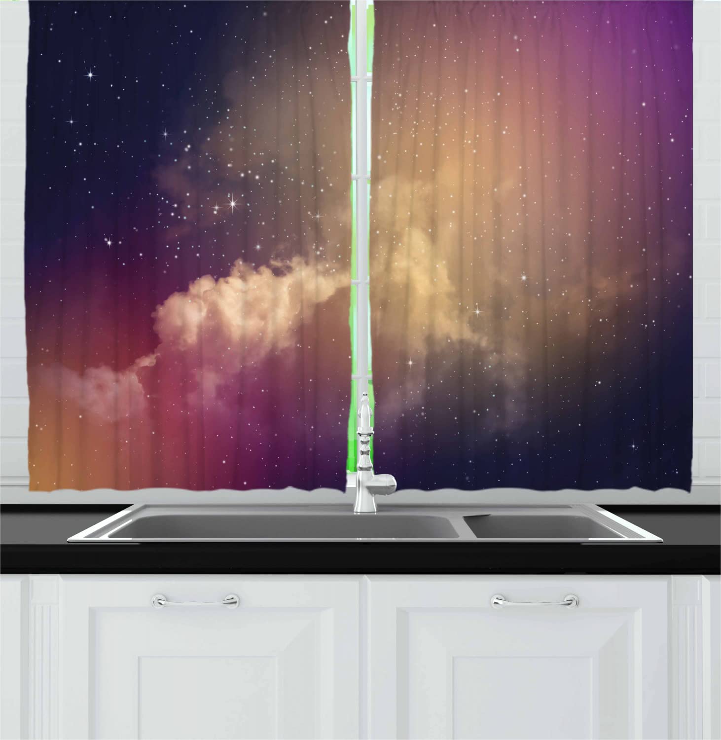 Ambesonne Long Kitchen Curtains - Night Sky with Clouds & Stars, Space Constellations Design, 2 Panels with Rod Pocket, 55