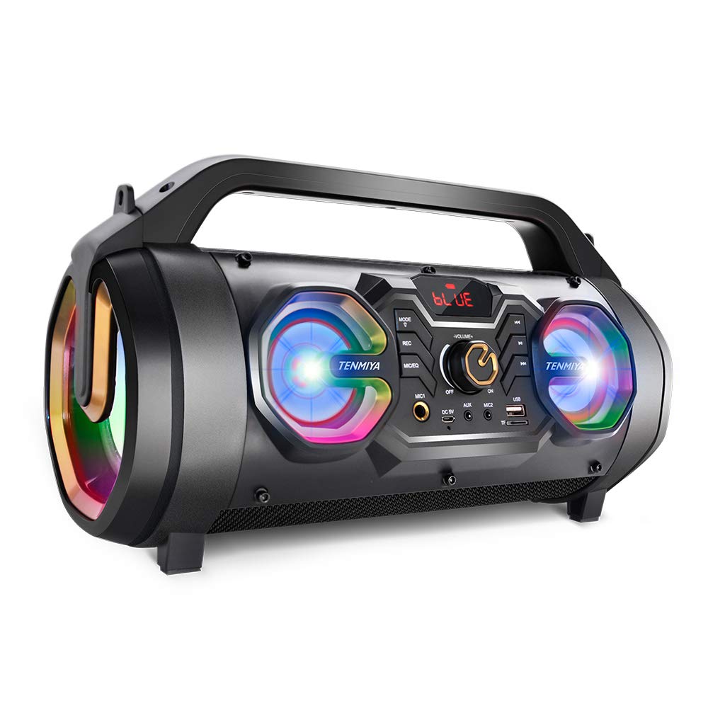 30W Bluetooth Speaker with Subwoofer, FM Radio, Colorful Lights, USB/AUX/TF Card/Mic Jack, Remote Control - Portable Wireless Boombox for Home, Party, Camping, Travel, and Outdoor Adventures