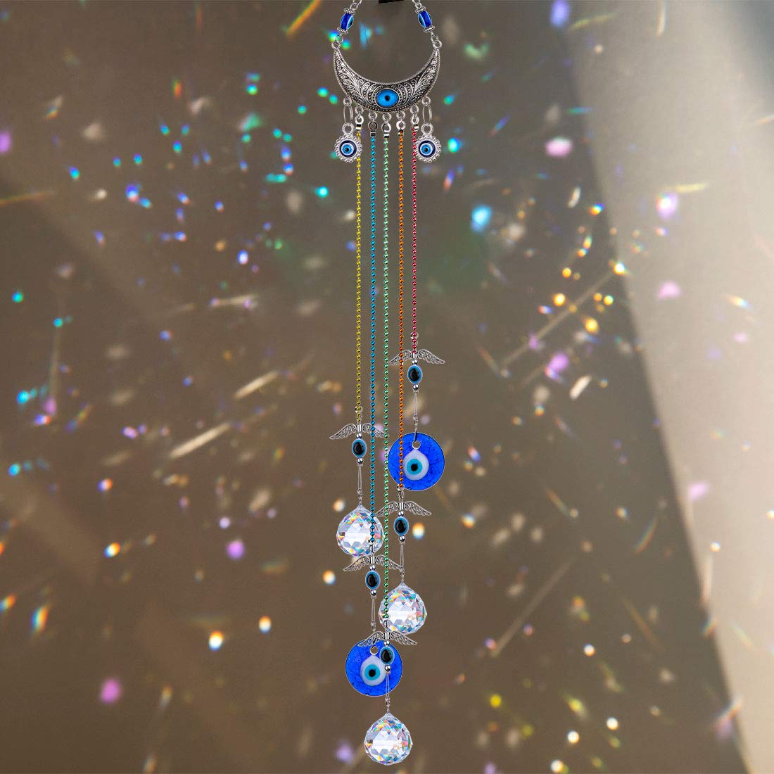 20 Inch Blue Evil Eye Hanging Crystal Suncatcher with Chakra Energy Crystal Ball Prism - Rainbow Maker Window Decor for Home Protection & Positive Energy | Perfect for Living Room, Bedroom, Office & Meditation Spaces