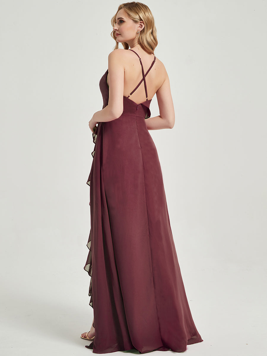 Elegant Burgundy Criss Cross Straps Ruffles Slit Chiffon Maxi Bridesmaid Dress - Perfect for Weddings, Prom & Formal Events