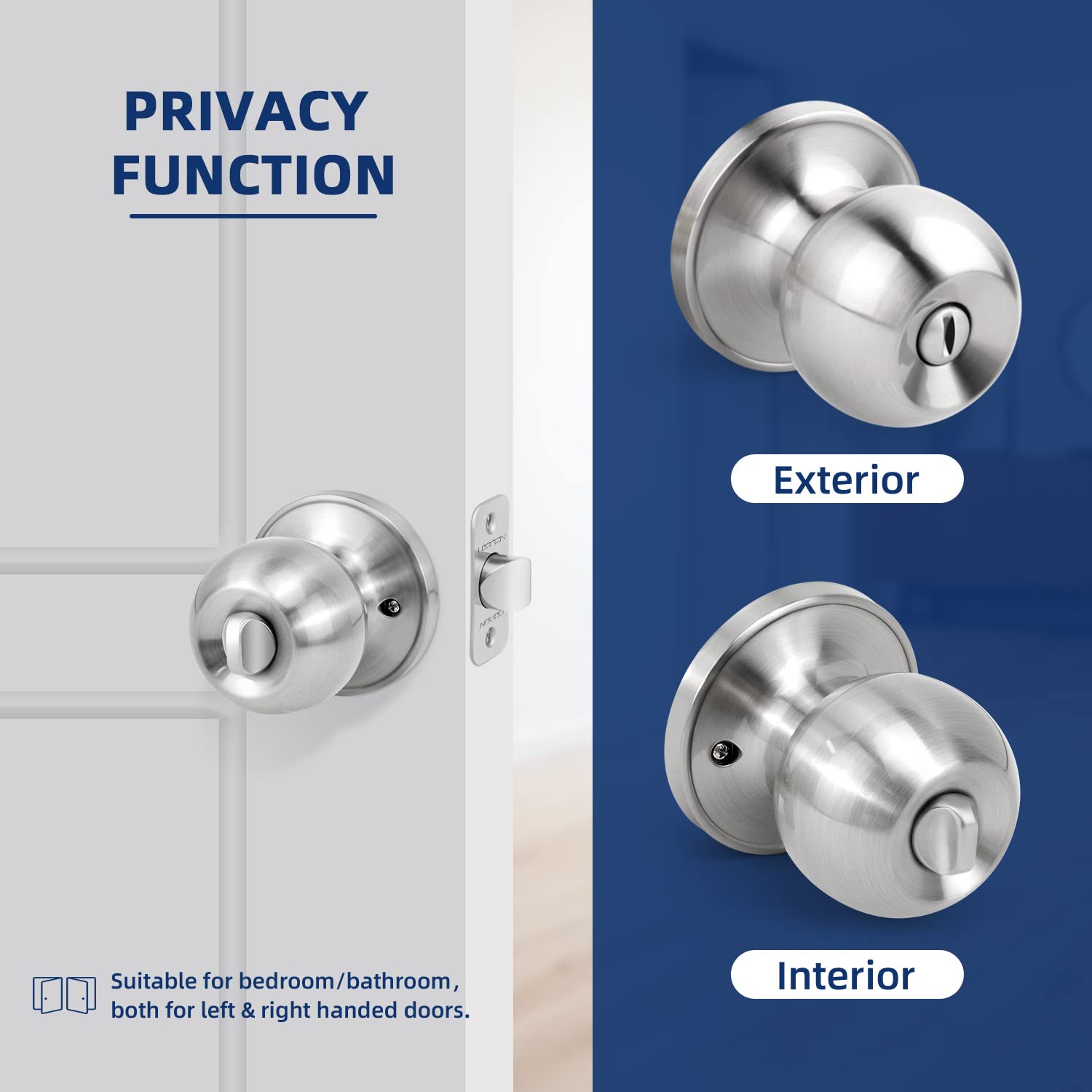 Keyless Ball Door Knob - Satin Nickel Privacy Lock for Bedroom & Bathroom - Easy Installation